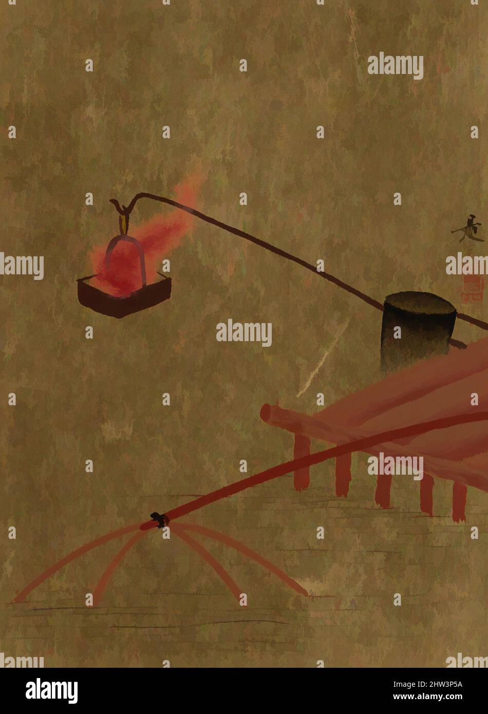 Arte ispirata al cesto di fuoco sospeso dal molo su una rete di pesci in acqua, periodo Edo (1615–1868), Giappone, foglio Album; lacca su carta d'oro, 4 3/4 x 3 1/2 pollici (12,1 x 8,9 cm), dipinti, Shibata Zeshin (giapponese, 1807–1891, opere classiche modernizzate da Artotop con un tuffo di modernità. Forme, colore e valore, impatto visivo accattivante sulle emozioni artistiche attraverso la libertà delle opere d'arte in modo contemporaneo. Un messaggio senza tempo che persegue una nuova direzione selvaggiamente creativa. Artisti che si rivolgono al supporto digitale e creano l'NFT Artotop Foto Stock