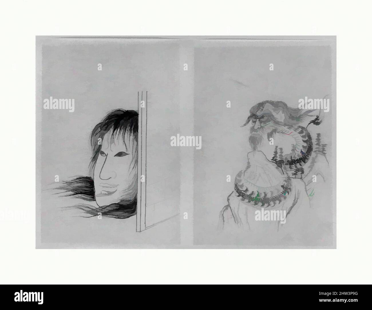 Arte ispirata a Ghosts, periodo Edo (1615–1868), 18th–19th secolo, Giappone, due dipinti montati insieme; inchiostro su carta, pittura di sinistra: 7 11/16 x 5 1/2 pollici. (19,5 x 14 cm), dipinti, Scuola di Katsushika Hokusai (Giapponese, Tokyo (Edo) 1760–1849 Tokyo (Edo, opere classiche modernizzate da Artotop con un tuffo di modernità. Forme, colore e valore, impatto visivo accattivante sulle emozioni artistiche attraverso la libertà delle opere d'arte in modo contemporaneo. Un messaggio senza tempo che persegue una nuova direzione selvaggiamente creativa. Artisti che si rivolgono al supporto digitale e creano l'NFT Artotop Foto Stock