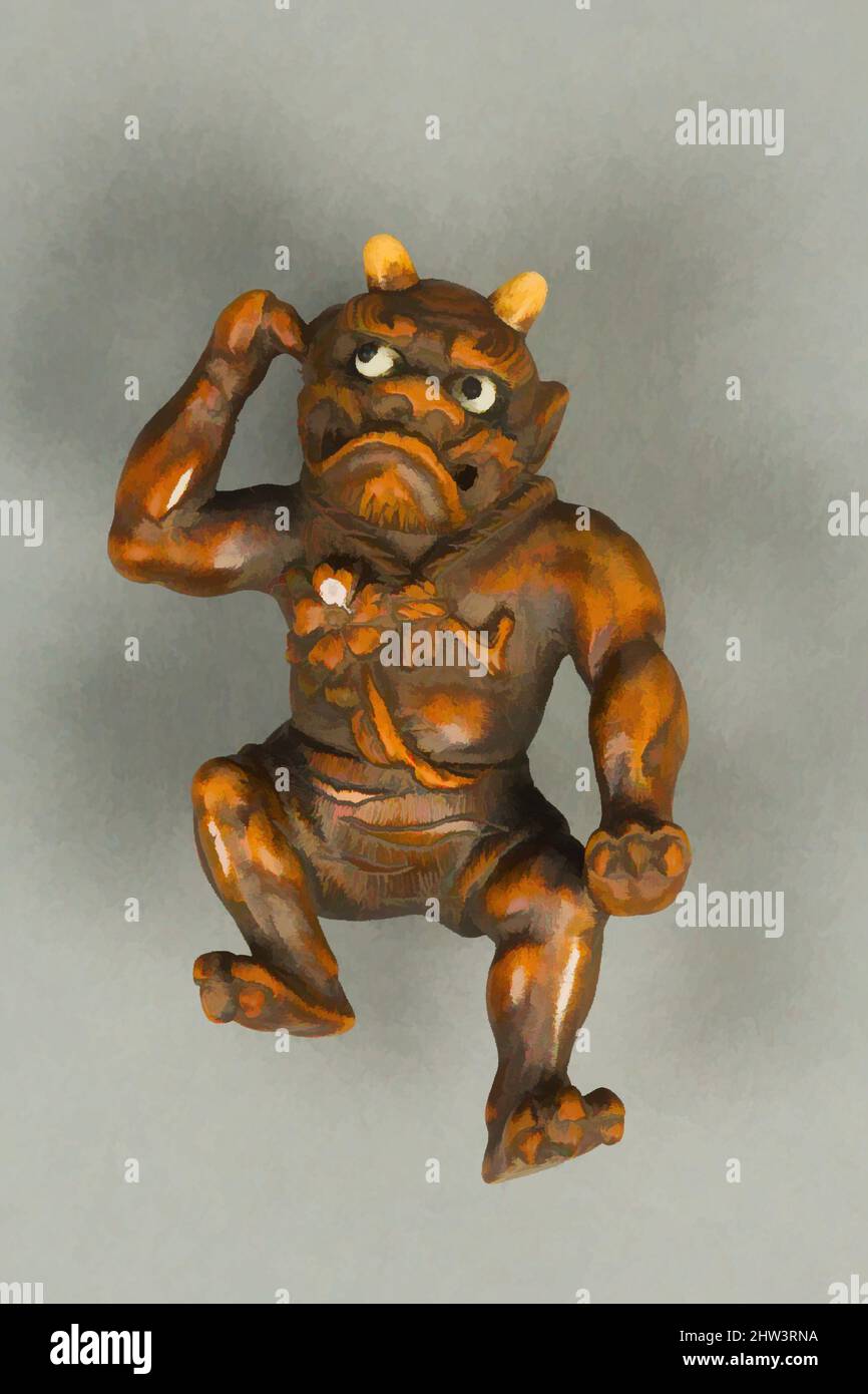 Arte ispirata da Netsuke di Demon che porta un gourd sulla sua schiena, periodo Edo (1615–1868), 18th secolo, Giappone, legno, H. 2 1/8 poll. (5,4 cm), Netsuke, opere classiche modernizzate da Artotop con un tuffo di modernità. Forme, colore e valore, impatto visivo accattivante sulle emozioni artistiche attraverso la libertà delle opere d'arte in modo contemporaneo. Un messaggio senza tempo che persegue una nuova direzione selvaggiamente creativa. Artisti che si rivolgono al supporto digitale e creano l'NFT Artotop Foto Stock