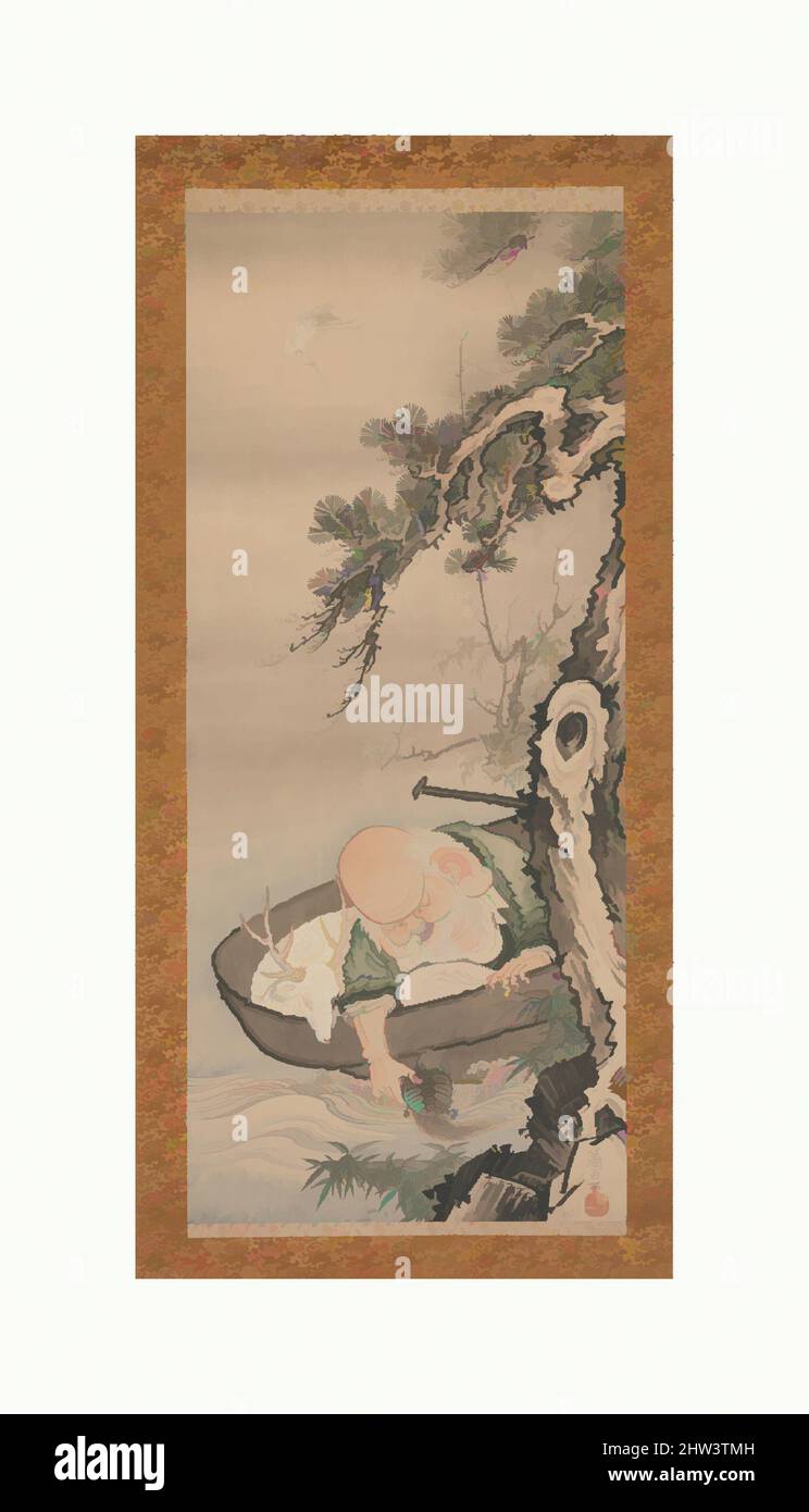Arte ispirata da 曽我蕭白筆 寿老人図, il Dio della buona fortuna Jurōjin, periodo Edo (1615–1868), metà-fine 18th secolo, Giappone, Hanging rotolo; inchiostro e colore su carta, immagine: 52 3/4 x 22 5/16 pollici. (134 x 56,7 cm), dipinti, Soga Shōhaku (giapponese, 1730–1781), Jurōjin, Una delle sette opere classiche giapponesi modernizzate da Artotop con un tocco di modernità. Forme, colore e valore, impatto visivo accattivante sulle emozioni artistiche attraverso la libertà delle opere d'arte in modo contemporaneo. Un messaggio senza tempo che persegue una nuova direzione selvaggiamente creativa. Artisti che si rivolgono al supporto digitale e creano l'NFT Artotop Foto Stock
