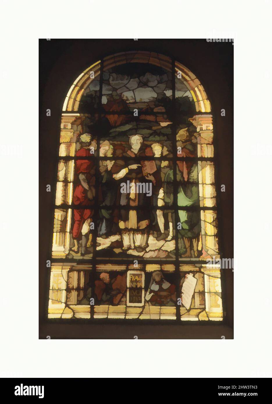 Arte ispirata da Mosè che presenta le tavole di legge, 1532, francese, Lorena, Metz, Vetro colorato, H. 9' 11 3/8 x W. 66 1/4 poll. (303,2 x 168,3 cm.) solo a-o, vetrata, Valentin Bousch (francese, attivo 1514–41, deceduto 1541), Questa finestra proviene da una serie di sette finestre realizzate per il, opere classiche modernizzate da Artotop con un tuffo di modernità. Forme, colore e valore, impatto visivo accattivante sulle emozioni artistiche attraverso la libertà delle opere d'arte in modo contemporaneo. Un messaggio senza tempo che persegue una nuova direzione selvaggiamente creativa. Artisti che si rivolgono al supporto digitale e creano l'NFT Artotop Foto Stock