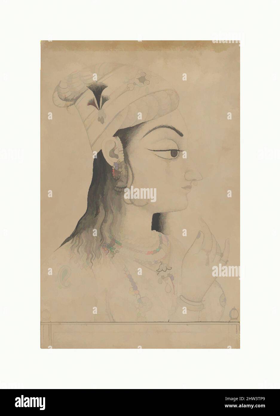 Arte ispirata da Donna con un Turban vestito come Radha, fine 19th secolo, India (Rajasthan, Kishangarh), inchiostro e lavaggio su carta, immagine (vista): 13 3/8 x 8 5/8 pollici. (34 x 21,9 cm), dipinti, questa donna della corte di Kishangarh è vestita come Radha, amante di Krishna. La testa allungata e, opere classiche modernizzate da Artotop con un tuffo di modernità. Forme, colore e valore, impatto visivo accattivante sulle emozioni artistiche attraverso la libertà delle opere d'arte in modo contemporaneo. Un messaggio senza tempo che persegue una nuova direzione selvaggiamente creativa. Artisti che si rivolgono al supporto digitale e creano l'NFT Artotop Foto Stock