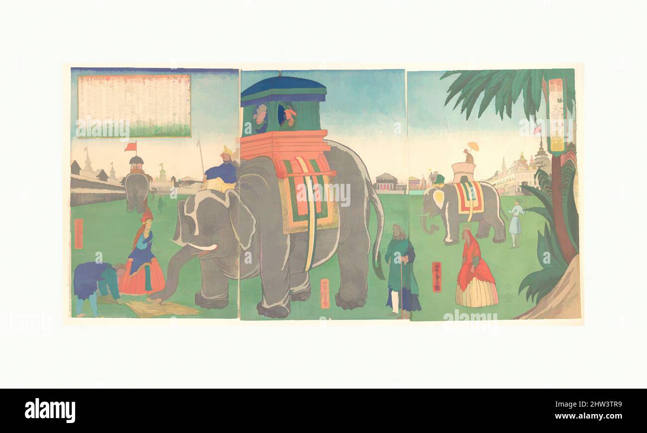 Arte ispirata da Tenjiku maru no zu, A View of Indian Elephants, periodo Edo (1615–1868), 6th mesi, 1863, Giappone, Triptico di stampe policrome a blocchi di legno; inchiostro e colore su carta, immagine (a): 14 1/4 x 9 5/8 pollici (36,2 x 24,4 cm), stampe, Utagawa Yoshitora (giapponese, attivo ca. 1850–80, opere classiche modernizzate da Artotop con un tocco di modernità. Forme, colore e valore, impatto visivo accattivante sulle emozioni artistiche attraverso la libertà delle opere d'arte in modo contemporaneo. Un messaggio senza tempo che persegue una nuova direzione selvaggiamente creativa. Artisti che si rivolgono al supporto digitale e creano l'NFT Artotop Foto Stock