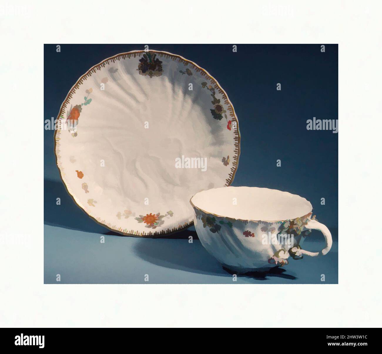 Arte ispirata a Cup e piattino (parte di un servizio), modello introdotto 1738, tedesco, Meissen, porcellana a pasta dura, Tazza (.113): H. 2 poll. (5,1 cm.); Diam. 3-1/2 poll. (8,9 cm.); Saucer (.114): H. 1-1/4 poll. (3,2 cm.); Diam. 5-3/4 poll. (14,6 cm.), Ceramica-porcellana, dopo una stampa di, opere classiche modernizzate da Artotop con un tuffo di modernità. Forme, colore e valore, impatto visivo accattivante sulle emozioni artistiche attraverso la libertà delle opere d'arte in modo contemporaneo. Un messaggio senza tempo che persegue una nuova direzione selvaggiamente creativa. Artisti che si rivolgono al supporto digitale e creano l'NFT Artotop Foto Stock