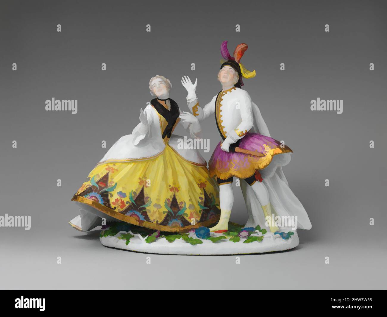 Arte ispirata a due cantanti d'opera, 1749–50, tedesco, Meissen, porcellana a pasta dura, Totale (confermato): 9 1/2 x 11 3/8 x 6 7/8 poll. (24,1 x 28,9 x 17,5 cm), ceramica-porcellana, dopo una composizione di Charles Nicolas Cochin II (francese, Parigi 1715–1790 Parigi), questo gruppo di figure rappresenta, opere classiche modernizzate da Artotop con un tuffo di modernità. Forme, colore e valore, impatto visivo accattivante sulle emozioni artistiche attraverso la libertà delle opere d'arte in modo contemporaneo. Un messaggio senza tempo che persegue una nuova direzione selvaggiamente creativa. Artisti che si rivolgono al supporto digitale e creano l'NFT Artotop Foto Stock