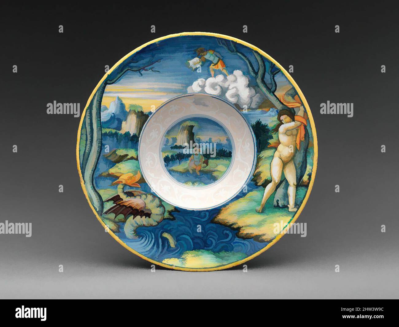 Arte ispirata a ciotola larga con Perseo e Andromeda, probabilmente Pittore 'in Castel durante' (italiano, Castel durante attivo, prima metà del 16th secolo), ca. 1522–25, italiano, Urbino o Castel Durante, maiolica (terracotta stagnata), totale: 1 5/8 x 9 1/2" (4,1 x 24,1 cm, opere classiche modernizzate da Artotop con un tuffo di modernità. Forme, colore e valore, impatto visivo accattivante sulle emozioni artistiche attraverso la libertà delle opere d'arte in modo contemporaneo. Un messaggio senza tempo che persegue una nuova direzione selvaggiamente creativa. Artisti che si rivolgono al supporto digitale e creano l'NFT Artotop Foto Stock
