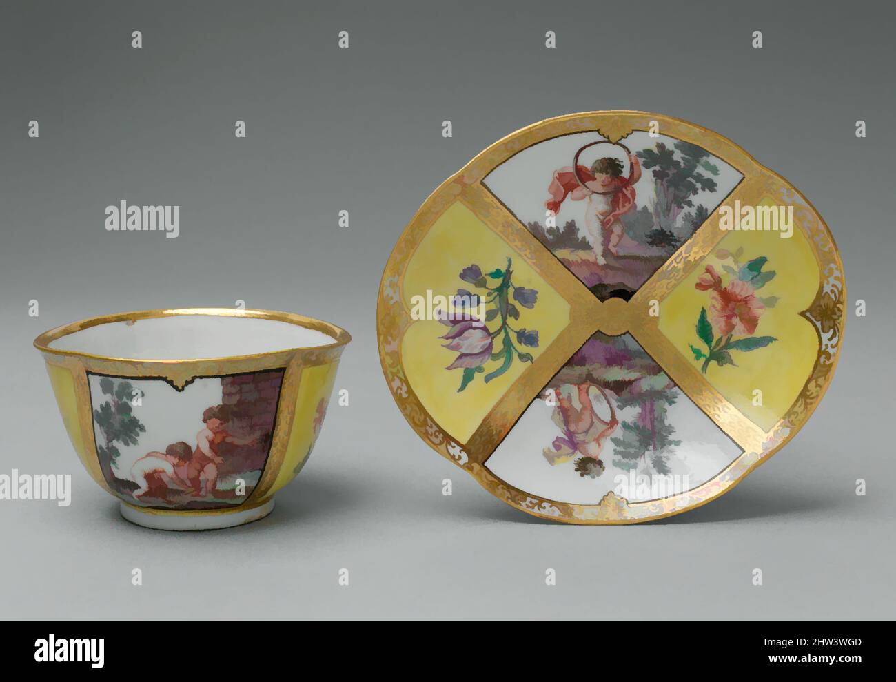 Arte ispirata a Cup e piattino, al modo di Jacques Stella (francese, Lione 1596–1657 Parigi), ca. 1750–55, Italiano, Firenze, porcellana a pasta dura, totale (tazza .1): 2 x 3 1/8 poll. (5,1 x 7,9 cm); diametro (piattino .2): 5" (12,7 cm), Ceramica-porcellana, modo di Jacques Stella (francese, opere classiche modernizzate da Artotop con un tuffo di modernità. Forme, colore e valore, impatto visivo accattivante sulle emozioni artistiche attraverso la libertà delle opere d'arte in modo contemporaneo. Un messaggio senza tempo che persegue una nuova direzione selvaggiamente creativa. Artisti che si rivolgono al supporto digitale e creano l'NFT Artotop Foto Stock