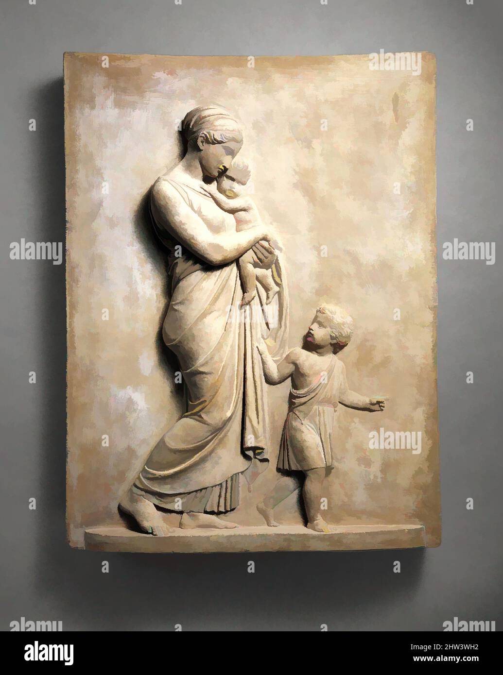 Arte ispirata alla Carità cristiana, 19th secolo, danese, terracotta, 26 x 19 1/4 pollici. (66 x 48,9 cm), scultura, dopo una composizione di Bertel Thorvaldsen (danese, Copenaghen 1770–1844 Copenaghen), questo lavoro è uno studio molto finito per uno dei quattro rilievi marmorei originariamente concepiti, opere classiche modernizzate da Artotop con un tuffo di modernità. Forme, colore e valore, impatto visivo accattivante sulle emozioni artistiche attraverso la libertà delle opere d'arte in modo contemporaneo. Un messaggio senza tempo che persegue una nuova direzione selvaggiamente creativa. Artisti che si rivolgono al supporto digitale e creano l'NFT Artotop Foto Stock