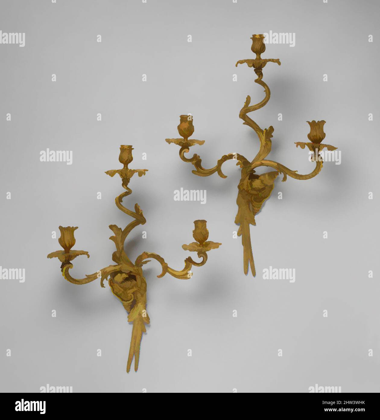 Arte ispirata da un set di quattro staffe da parete a tre luci, casting e inseguimento attribuiti a Jacques Confesseur (ca. 1695–1759), ca. 1745–49, francese, bronzo dorato, 22 1/2 x 16 x 7 1/2 pollici (57,2 x 40,6 x 19,1 cm), bronzo dorato metallizzato, casting e inseguimento attribuito a Jacques Confesseur (, opere classiche modernizzate da Artotop con un tuffo di modernità. Forme, colore e valore, impatto visivo accattivante sulle emozioni artistiche attraverso la libertà delle opere d'arte in modo contemporaneo. Un messaggio senza tempo che persegue una nuova direzione selvaggiamente creativa. Artisti che si rivolgono al supporto digitale e creano l'NFT Artotop Foto Stock