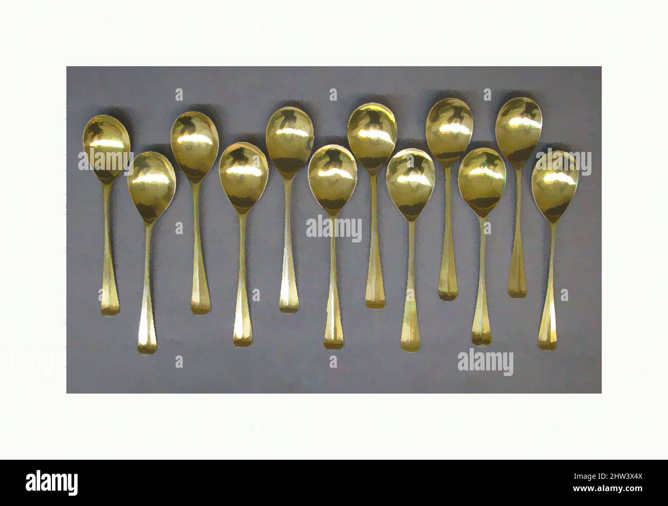 Arte ispirata da Dessert Spoon, W.W.(?), Dublino, 18th secolo, irlandese, Dublino, dorato argento, lunghezza: 6 3/16" (15,7 cm), Metalwork-Silver, W.W.(?), Dublin, opere classiche modernizzate da Artotop con un tocco di modernità. Forme, colore e valore, impatto visivo accattivante sulle emozioni artistiche attraverso la libertà delle opere d'arte in modo contemporaneo. Un messaggio senza tempo che persegue una nuova direzione selvaggiamente creativa. Artisti che si rivolgono al supporto digitale e creano l'NFT Artotop Foto Stock