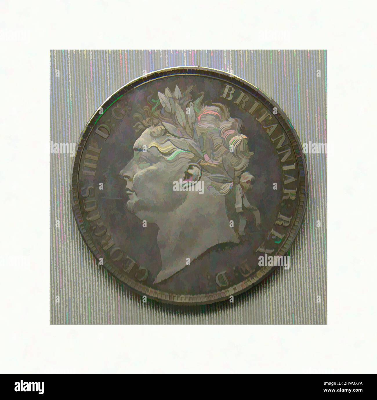 Arte ispirata dalla corona di prova di George IV, 1821, inglese, argento, diametro: 38 mm, Monete, Medalista: Benedetto Pistrucci (italiano, 1783–1855, Inghilterra attiva, opere classiche modernizzate da Artotop con un tuffo di modernità. Forme, colore e valore, impatto visivo accattivante sulle emozioni artistiche attraverso la libertà delle opere d'arte in modo contemporaneo. Un messaggio senza tempo che persegue una nuova direzione selvaggiamente creativa. Artisti che si rivolgono al supporto digitale e creano l'NFT Artotop Foto Stock