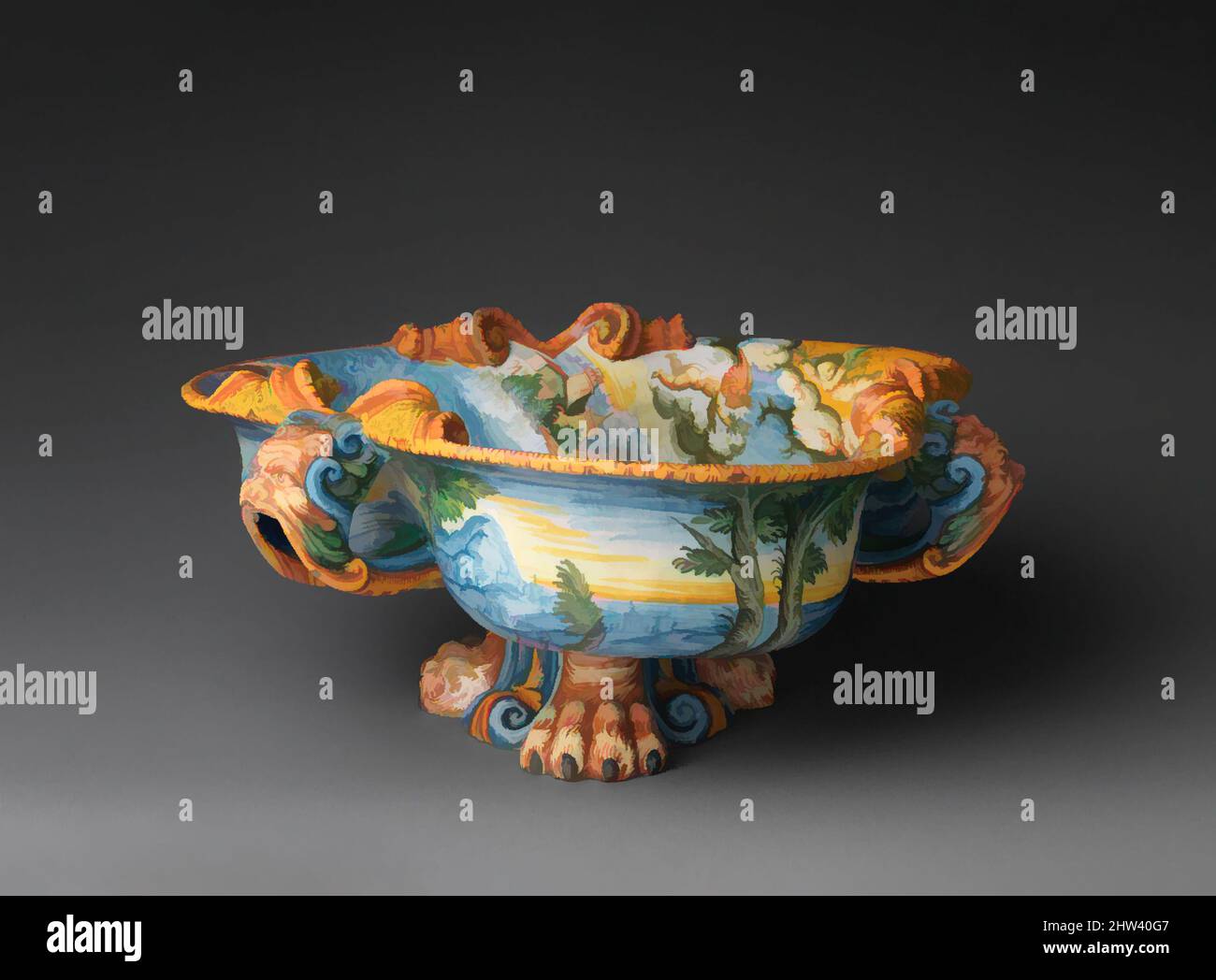 Arte ispirata al vino refrigerante con Un Trionfo Marino di Bacco, ca. 1550–70, italiano, Urbino, maiolica (terracotta stagnata), totale: 9 x 19 5/8" (22,9 x 49,8 cm), Ceramica-ceramica, durante le feste rinascimentali, le cisterne sono state riempite con acqua fredda per raffreddare frutta o bottiglie di vino, opere classiche modernizzate da Artotop con un tuffo di modernità. Forme, colore e valore, impatto visivo accattivante sulle emozioni artistiche attraverso la libertà delle opere d'arte in modo contemporaneo. Un messaggio senza tempo che persegue una nuova direzione selvaggiamente creativa. Artisti che si rivolgono al supporto digitale e creano l'NFT Artotop Foto Stock