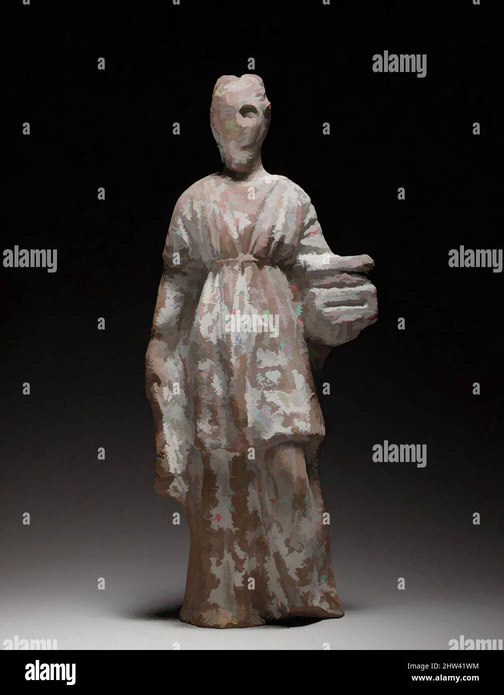 Arte ispirata alla statuetta di terracotta di una votaria femminile in piedi che detiene una scrigno, ellenista, 3rd–2nd secolo a.C., cipriota, terracotta; Stampato e realizzato a mano, H. 10 5/16 poll. (26,2 cm), terracotte, la figurina è modellata e cava. La schiena è fatta a mano, appiattita, e paed, opere classiche modernizzate da Artotop con un tuffo di modernità. Forme, colore e valore, impatto visivo accattivante sulle emozioni artistiche attraverso la libertà delle opere d'arte in modo contemporaneo. Un messaggio senza tempo che persegue una nuova direzione selvaggiamente creativa. Artisti che si rivolgono al supporto digitale e creano l'NFT Artotop Foto Stock