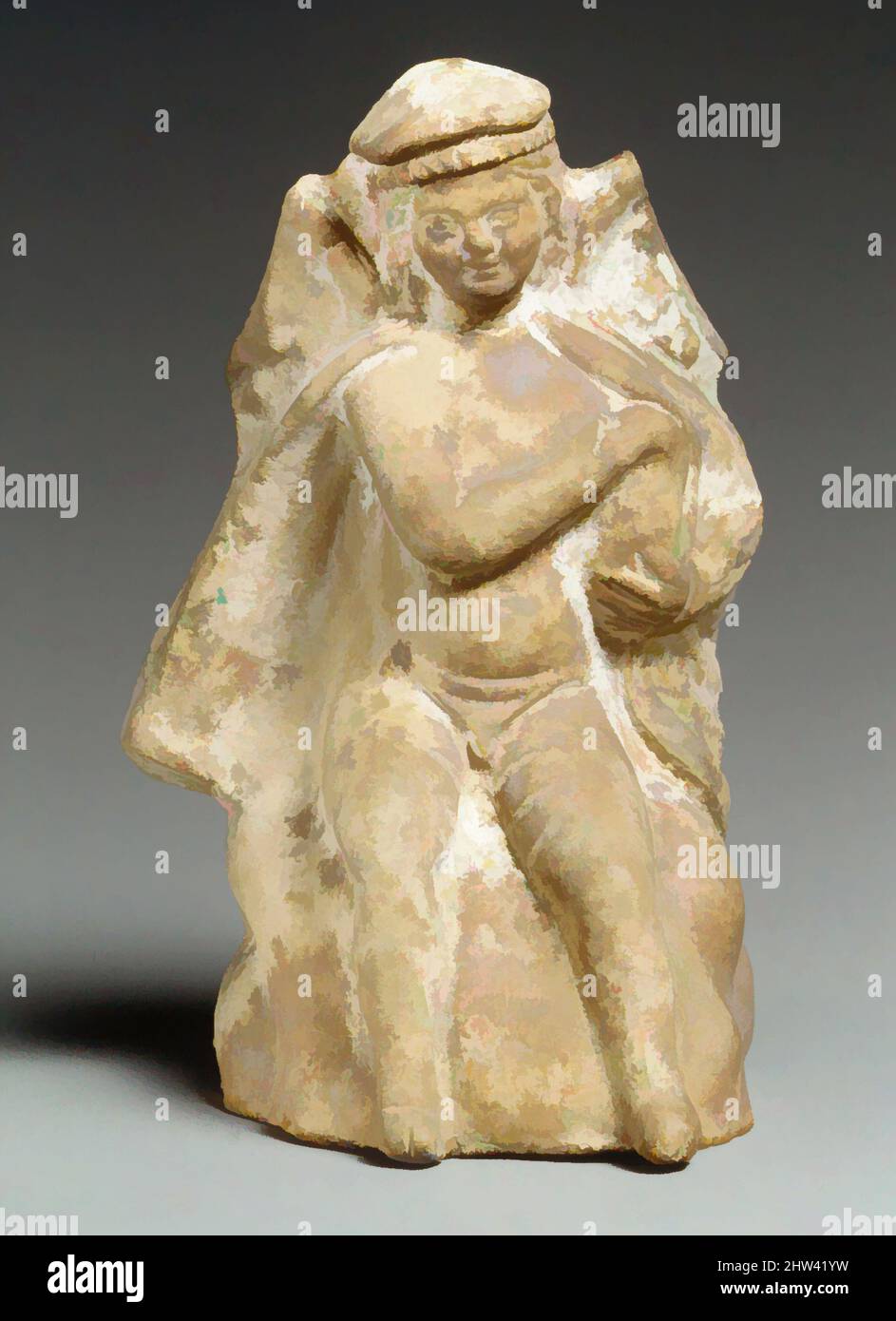 Arte ispirata a Terracotta statua di Eros che detiene un cigno, ellenistico antico, 3rd secolo a.C., cipriota, Terracotta; Prodotto in stampo, H. 4 3/16 poll. (10,6 cm), terracotte, la figurina è modellata e cava. La schiena è fatta a mano e appiattita. C'è una bocca ovale sul retro al livello, opere classiche modernizzate da Artotop con un tuffo di modernità. Forme, colore e valore, impatto visivo accattivante sulle emozioni artistiche attraverso la libertà delle opere d'arte in modo contemporaneo. Un messaggio senza tempo che persegue una nuova direzione selvaggiamente creativa. Artisti che si rivolgono al supporto digitale e creano l'NFT Artotop Foto Stock