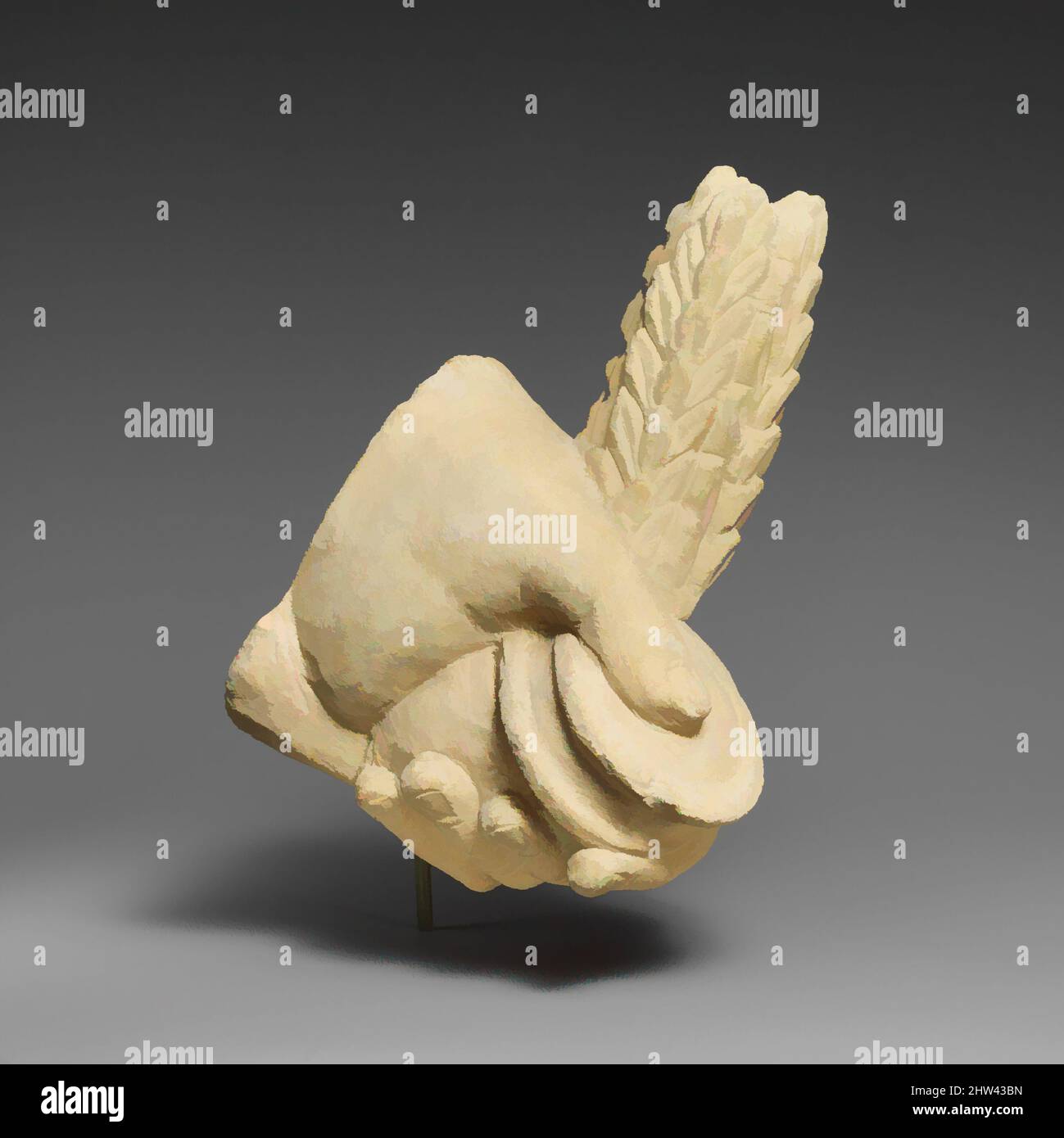 Arte ispirata da mano calcarea che tiene un pyxis e un ramo di foglie, ellenistico, 3rd–1st secolo a.C., cipriota, calcare, Totale: 7 3/8 x 3 7/8 x 5 5/8 poll. (18,7 x 9,8 x 14,3 cm), scultura in pietra, custodia incenso e orecchio di mais, opere classiche modernizzate da Artotop con un tuffo di modernità. Forme, colore e valore, impatto visivo accattivante sulle emozioni artistiche attraverso la libertà delle opere d'arte in modo contemporaneo. Un messaggio senza tempo che persegue una nuova direzione selvaggiamente creativa. Artisti che si rivolgono al supporto digitale e creano l'NFT Artotop Foto Stock