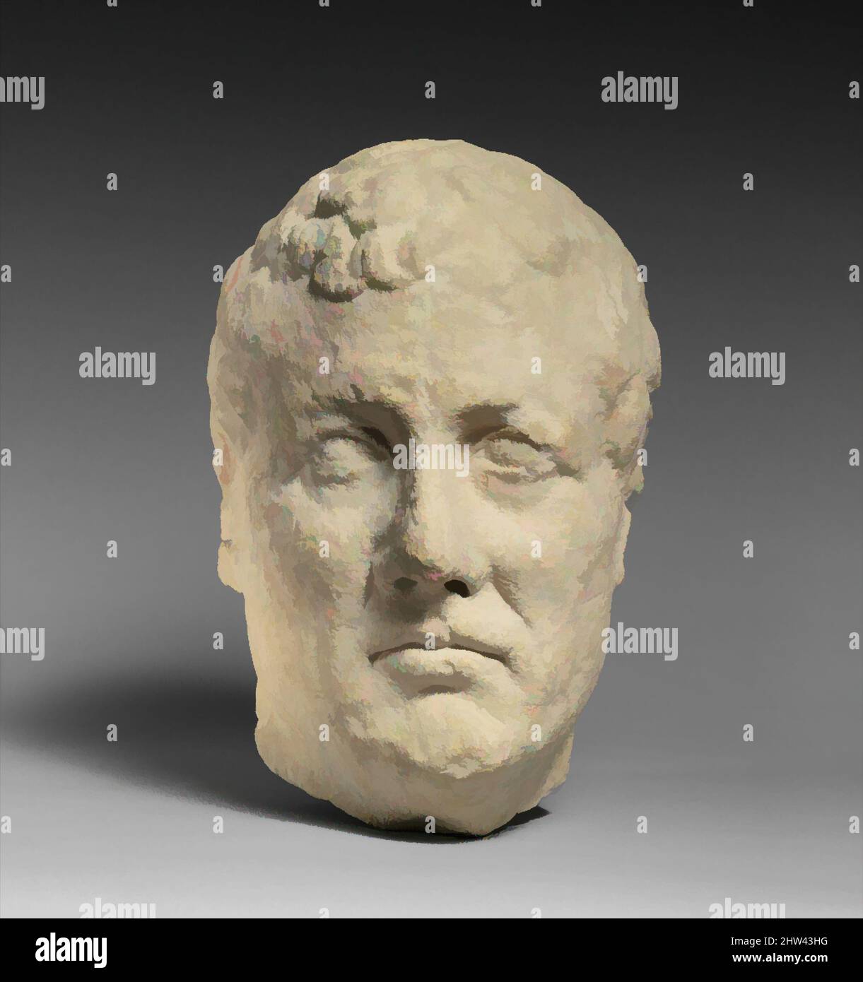 Arte ispirata da calcarea testa di maschio senza guardadire votario, Late Republic, metà del 1st secolo a.C., cipriota, calcare, 11 7/16 x 9 7/16 x 6 1/4 poll. (29,11 x 23,9 x 15,9 cm), scultura in pietra, questo volto espressivo, già segnato dall'età, è uno dei migliori adattamenti in calcare cipriota, opere classiche modernizzate da Artotop con un tuffo di modernità. Forme, colore e valore, impatto visivo accattivante sulle emozioni artistiche attraverso la libertà delle opere d'arte in modo contemporaneo. Un messaggio senza tempo che persegue una nuova direzione selvaggiamente creativa. Artisti che si rivolgono al supporto digitale e creano l'NFT Artotop Foto Stock
