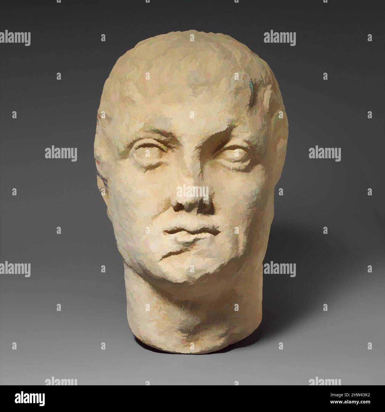 Arte ispirata da calcarea testa di un maschio senza guardaocchi, tardo ellenista, 1st secolo a.C., cipriota, calcare, Totale: 10 7/8 x 7 x 8 1/2 pollici (27,6 x 17,8 x 21,6 cm), scultura di pietra, la testa è girata leggermente alla sua sinistra. L'espressione facciale è severa. La sua età è indicata da, opere classiche modernizzate da Artotop con un tuffo di modernità. Forme, colore e valore, impatto visivo accattivante sulle emozioni artistiche attraverso la libertà delle opere d'arte in modo contemporaneo. Un messaggio senza tempo che persegue una nuova direzione selvaggiamente creativa. Artisti che si rivolgono al supporto digitale e creano l'NFT Artotop Foto Stock