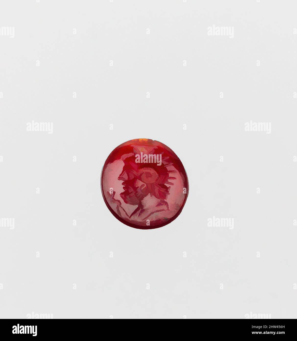 Arte ispirata alla pietra ad anello carneliana, tardo repubblicana o imperiale, 1st secolo a.C.–3rd secolo d.C., romana, carneliana, lunghezza: 1/2 poll. (1,2 cm), Gemme, testa panteista; sul campo, un serpente avvolto intorno ad un bastone, opere classiche modernizzate da Artotop con un tuffo di modernità. Forme, colore e valore, impatto visivo accattivante sulle emozioni artistiche attraverso la libertà delle opere d'arte in modo contemporaneo. Un messaggio senza tempo che persegue una nuova direzione selvaggiamente creativa. Artisti che si rivolgono al supporto digitale e creano l'NFT Artotop Foto Stock