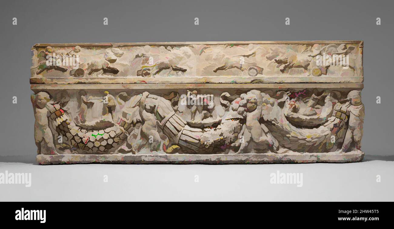 Arte ispirata al sarcofago marmoreo con ghirlande e il mito di Teseo e Ariadne, adrianico o antico Antonino, ca. A.D. 130–150, Roman, Marble, Luni e Pentelico, totale: 31 x 85 3/4 x 28in. (78,7 x 217,8 x 2,3 cm), scultura in pietra, sul coperchio, in delicato bassorilievo, alata, opere classiche modernizzate da Artotop con un tuffo di modernità. Forme, colore e valore, impatto visivo accattivante sulle emozioni artistiche attraverso la libertà delle opere d'arte in modo contemporaneo. Un messaggio senza tempo che persegue una nuova direzione selvaggiamente creativa. Artisti che si rivolgono al supporto digitale e creano l'NFT Artotop Foto Stock