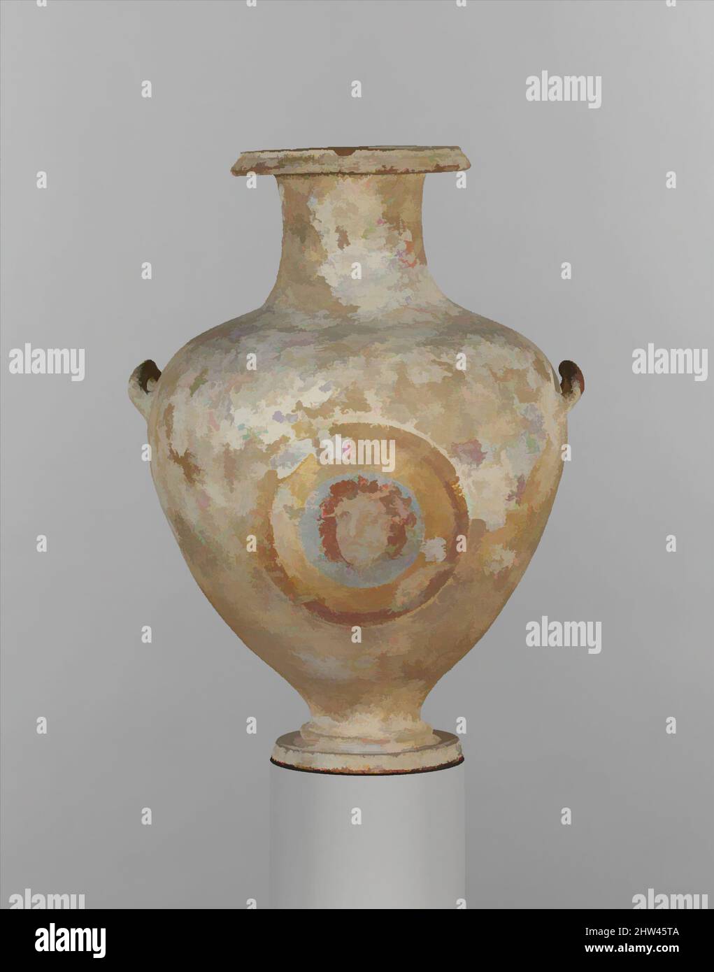 Arte ispirata a Terracotta Hadra hydria (vaso d'acqua), ellenistica, 3rd secolo a.C., greca, tolemaica, Egiziano, Terracotta, H. 15 15/16 poll. (40,5 cm), vasi, sul corpo del vaso è una rappresentazione di uno scudo decorato con la testa del gorgon Medusa. La slip bianco e, opere classiche modernizzate da Artotop con un tuffo di modernità. Forme, colore e valore, impatto visivo accattivante sulle emozioni artistiche attraverso la libertà delle opere d'arte in modo contemporaneo. Un messaggio senza tempo che persegue una nuova direzione selvaggiamente creativa. Artisti che si rivolgono al supporto digitale e creano l'NFT Artotop Foto Stock