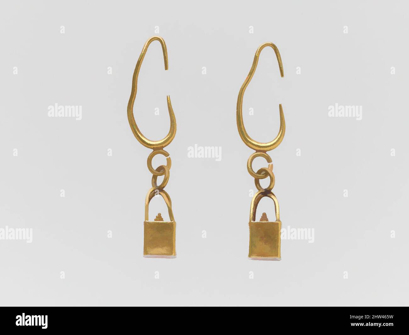 Arte ispirata da due orecchini in oro con gabbia e pendenti a sfera, Archaic, 7th–6th secolo a.C., fenicio, oro, Altro: 7/8 poll. (2,3 cm), Oro e Argento, questo tipo di orecchino fu ampiamente distribuito durante il periodo arcaico. Probabilmente ha avuto origine nel Levante ed è bene, opere classiche modernizzate da Artotop con un tuffo di modernità. Forme, colore e valore, impatto visivo accattivante sulle emozioni artistiche attraverso la libertà delle opere d'arte in modo contemporaneo. Un messaggio senza tempo che persegue una nuova direzione selvaggiamente creativa. Artisti che si rivolgono al supporto digitale e creano l'NFT Artotop Foto Stock
