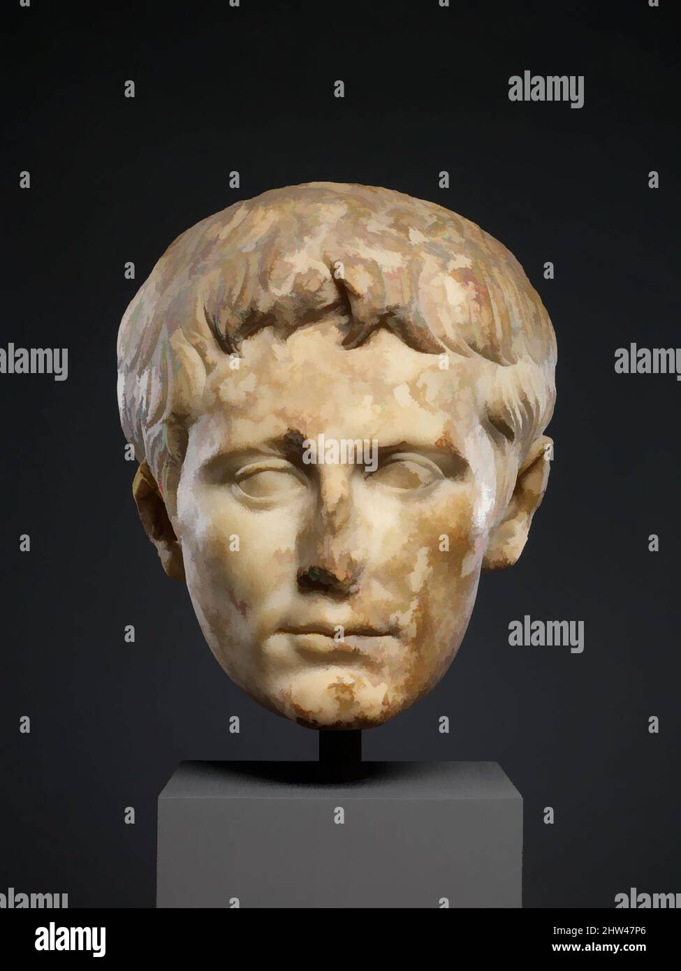 Arte ispirata al ritratto in marmo dell'imperatore Augusto, Imperiale, Giulio-Claudiano, ca. A.D. 14–37, Roman, Marble, 11in. (27,9cm), scultura in pietra, quando Ottaviano prese il titolo di Augusto nel 27 a.C., fu creato un ritratto ufficiale che incarnava le qualità che desiderava, opere classiche modernizzate da Artotop con un tuffo di modernità. Forme, colore e valore, impatto visivo accattivante sulle emozioni artistiche attraverso la libertà delle opere d'arte in modo contemporaneo. Un messaggio senza tempo che persegue una nuova direzione selvaggiamente creativa. Artisti che si rivolgono al supporto digitale e creano l'NFT Artotop Foto Stock