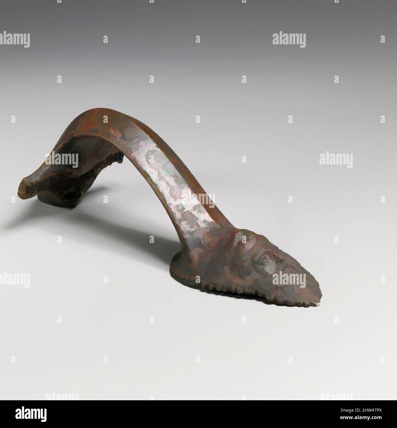 Arte ispirata al manico di bronzo di un oinochoe (brocca), classica, ca. 425–400 a.C., greco, bronzo, H. 5 7/16 pollici (13,7 cm.), Bronzi, la piastra di attacco alla base di questo manico è fusa nella forma della testa di Herakles. L'eroe, indossando il suo caratteristico cappuccio in pelle di leone, è, opere classiche modernizzate da Artotop con un tuffo di modernità. Forme, colore e valore, impatto visivo accattivante sulle emozioni artistiche attraverso la libertà delle opere d'arte in modo contemporaneo. Un messaggio senza tempo che persegue una nuova direzione selvaggiamente creativa. Artisti che si rivolgono al supporto digitale e creano l'NFT Artotop Foto Stock