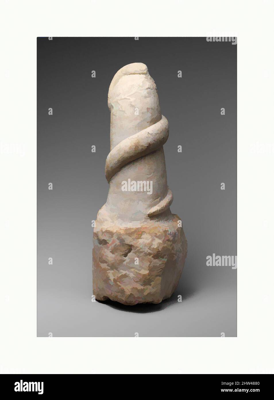Arte ispirata da pilastro di marmo con serpente e corona, imperiale, 1st–2nd secolo d.C., romana, marmo, Pentelico ?, h. 14 5/8 poll. (37,2 cm), scultura di pietra, questa colonna può essere votiva o sepolcrale. Il serpente è sia un attributo del dio curativo Asklepios, suggerendo questo oggetto, opere classiche modernizzate da Artotop con un tuffo di modernità. Forme, colore e valore, impatto visivo accattivante sulle emozioni artistiche attraverso la libertà delle opere d'arte in modo contemporaneo. Un messaggio senza tempo che persegue una nuova direzione selvaggiamente creativa. Artisti che si rivolgono al supporto digitale e creano l'NFT Artotop Foto Stock