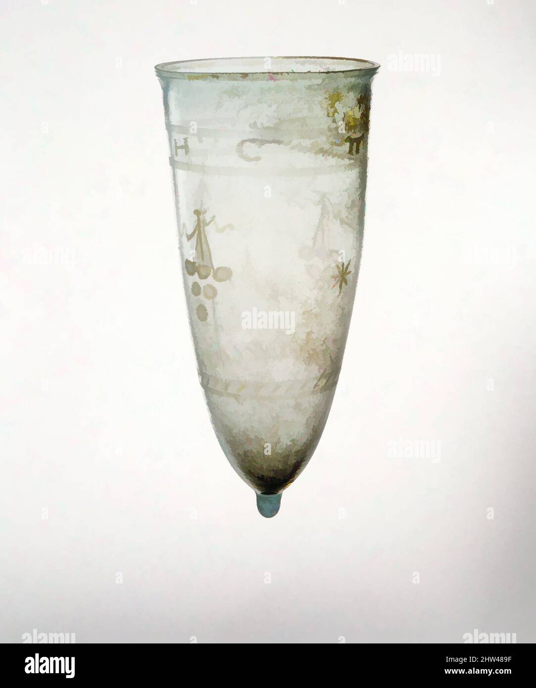 Arte ispirata al bicchiere di vetro con decorazione a taglio, tardo imperiale, 4th–inizio 5th secolo d.C., romano, vetro; soffiato e tagliato, H. 5 7/8 poll. (14,9 cm), vetro, blu pallido traslucido., bordo verticale, piano fessurato e smerigliato, con protuberanza sottostante; corpo conico con lato leggermente rastremato verso il basso, opere classiche modernizzate da Artotop con un tuffo di modernità. Forme, colore e valore, impatto visivo accattivante sulle emozioni artistiche attraverso la libertà delle opere d'arte in modo contemporaneo. Un messaggio senza tempo che persegue una nuova direzione selvaggiamente creativa. Artisti che si rivolgono al supporto digitale e creano l'NFT Artotop Foto Stock