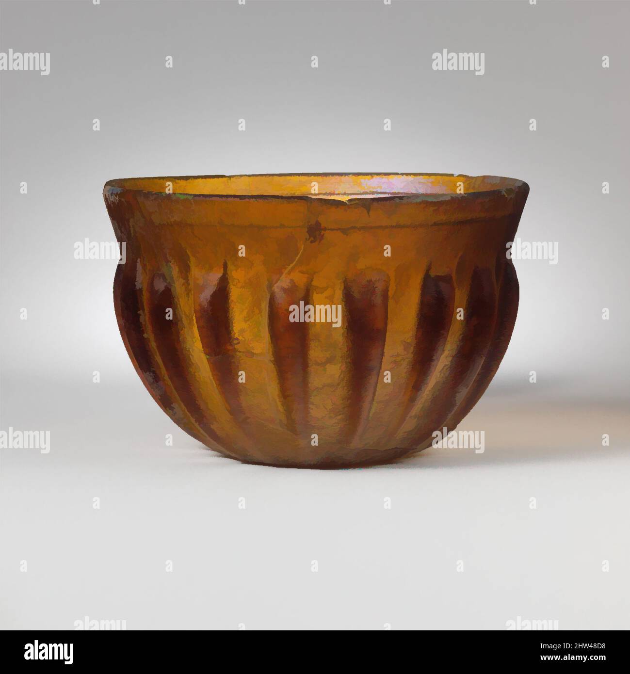 Arte ispirata a ciotola a coste di vetro, imperiale antico, fine 1st secolo a.C.–metà 1st secolo d.C., romana, vetro; cast, lavorato, E tagliare, H.: 2 7/8 poll. (7,3 cm), vetro, marrone miele traslucido., bordo leggermente sguazzato con bordo superiore quasi appuntito e banda liscia inclinata verso l'interno, profondo, opere classiche modernizzate da Artotop con un tuffo di modernità. Forme, colore e valore, impatto visivo accattivante sulle emozioni artistiche attraverso la libertà delle opere d'arte in modo contemporaneo. Un messaggio senza tempo che persegue una nuova direzione selvaggiamente creativa. Artisti che si rivolgono al supporto digitale e creano l'NFT Artotop Foto Stock