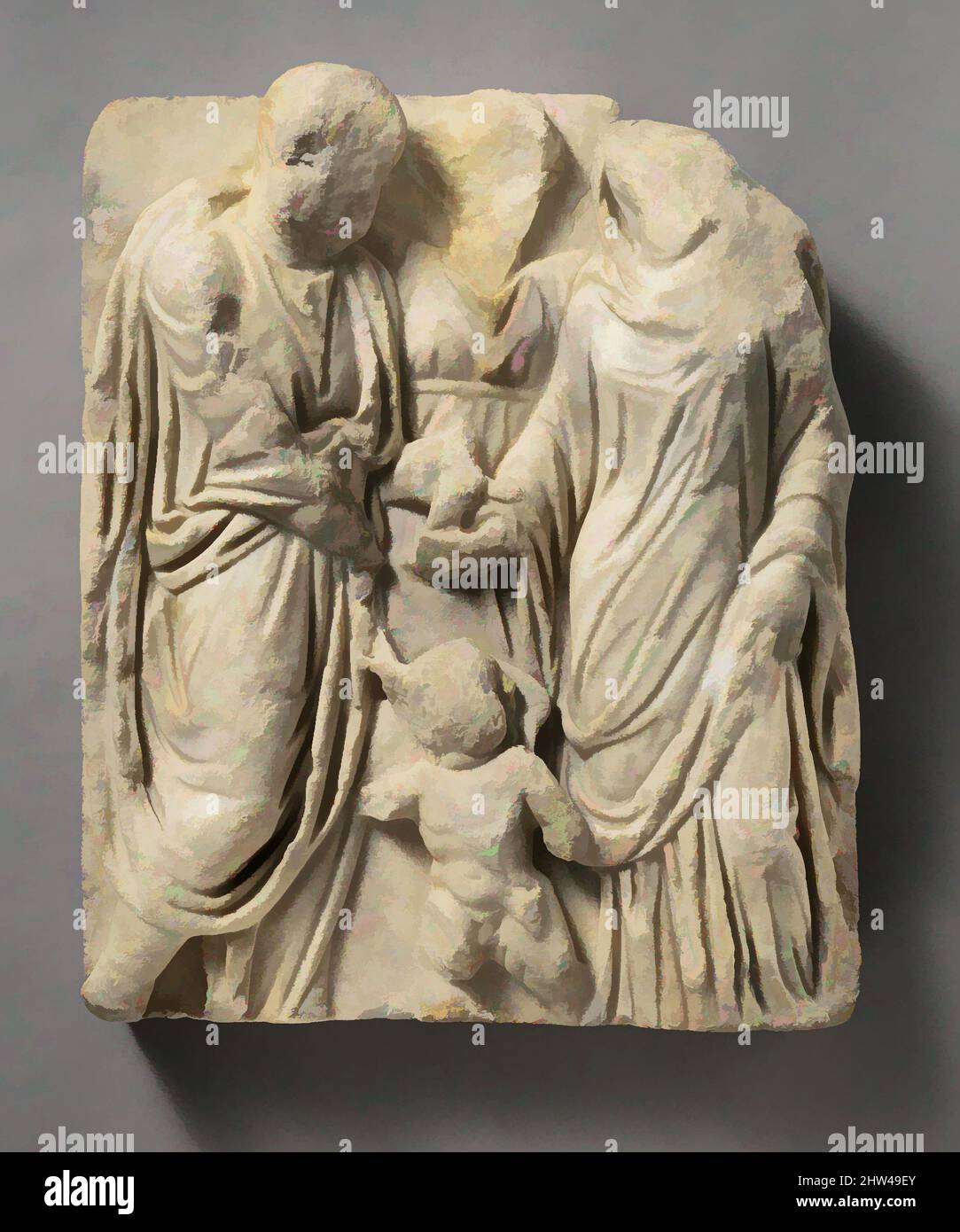 Arte ispirata dal frammento del sarcofago di marmo: Scena del matrimonio, Medio-Imperiale, Severano, inizio 3rd secolo d.C., Romano, marmo, complessivo: 19 x 15 3/4 x 2 1/2in. (48,3 x 40 x 6,4cm), scultura in pietra, uomo e donna che stringono le mani, una figura tra loro e Eros belos, opere classiche modernizzate da Artotop con un tuffo di modernità. Forme, colore e valore, impatto visivo accattivante sulle emozioni artistiche attraverso la libertà delle opere d'arte in modo contemporaneo. Un messaggio senza tempo che persegue una nuova direzione selvaggiamente creativa. Artisti che si rivolgono al supporto digitale e creano l'NFT Artotop Foto Stock