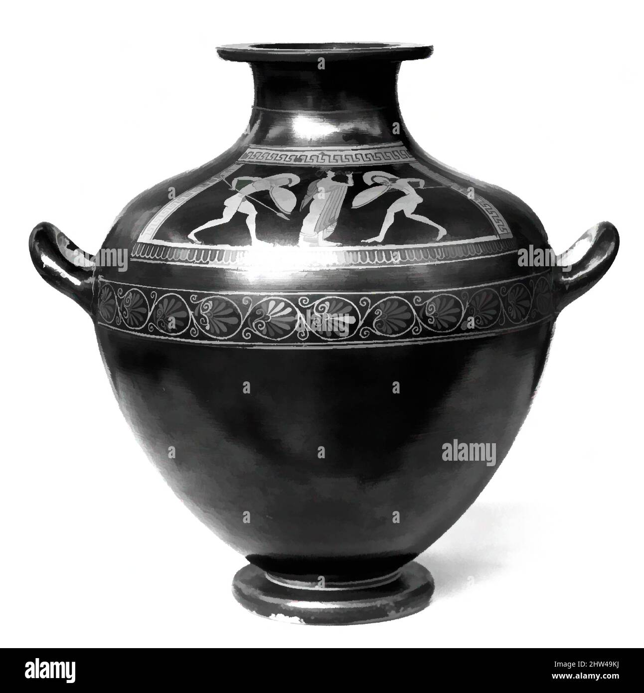 Arte ispirata a Terridria: Kalpacotta (vaso d'acqua), Archaic, ca. 500 a.C., greco, attico, terracotta; figura rossa, H. 14 15/16 poll. (38 cm), vasi, giocatore di flauto tra due giovani danzanti in armatura. I Greci diluiscono sempre il loro vino con acqua. Fu il privilegio del simposio, opere classiche modernizzate da Artotop con un tuffo di modernità. Forme, colore e valore, impatto visivo accattivante sulle emozioni artistiche attraverso la libertà delle opere d'arte in modo contemporaneo. Un messaggio senza tempo che persegue una nuova direzione selvaggiamente creativa. Artisti che si rivolgono al supporto digitale e creano l'NFT Artotop Foto Stock