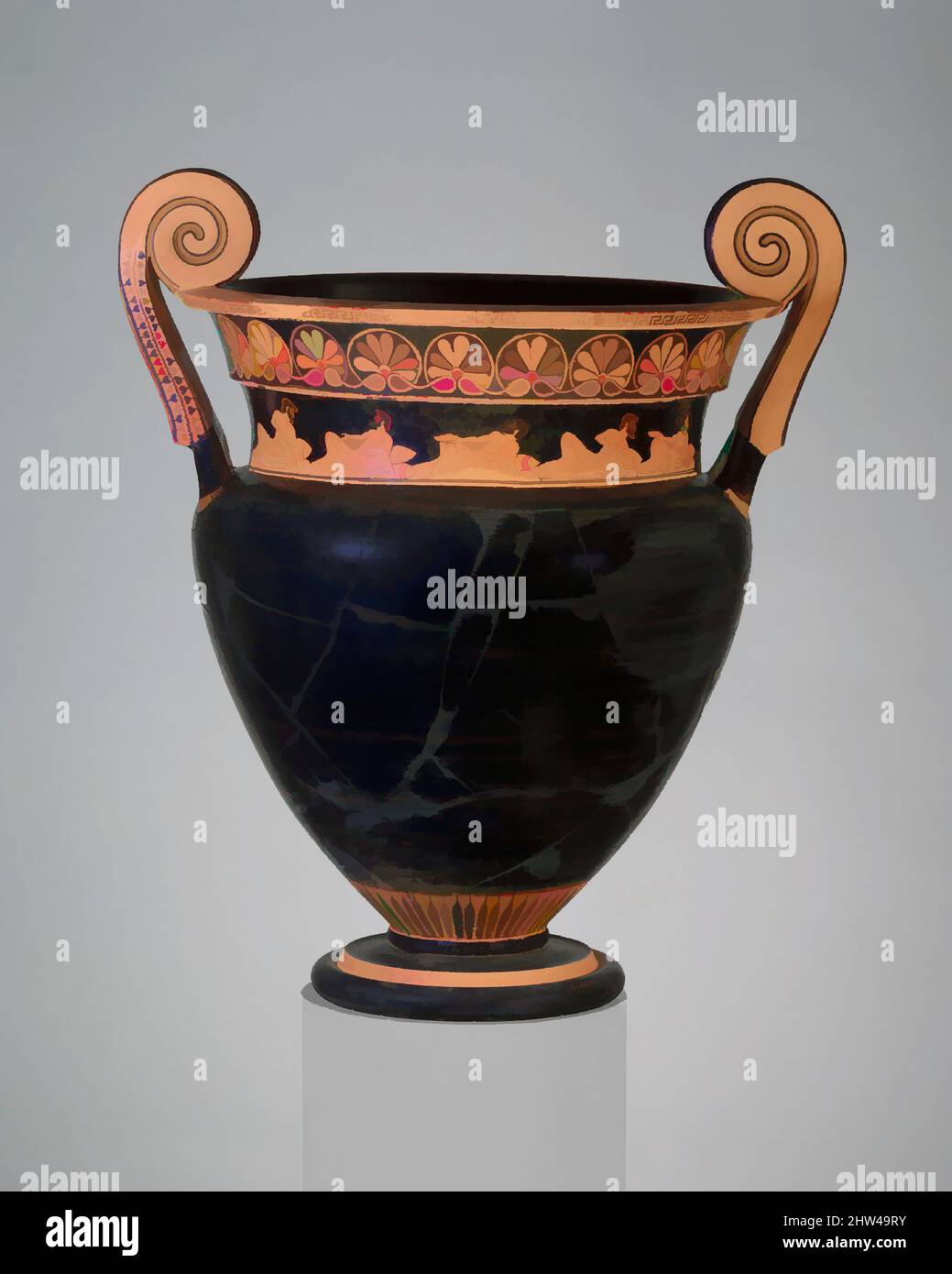 Arte ispirata a volute-krater di terracotta (ciotola per mescolare vino e acqua), Arcaico tardivo, ca. 500 a.C., greco, attico, terracotta; figura rossa, H. con maniglie da 20 9/16 poll. (52,2 cm), vasi, inversi, amazzoni montati, inverso, simposio. Cinque uomini sdraiati sui cuscini sono mostrati conversare, opere classiche modernizzate da Artotop con un tuffo di modernità. Forme, colore e valore, impatto visivo accattivante sulle emozioni artistiche attraverso la libertà delle opere d'arte in modo contemporaneo. Un messaggio senza tempo che persegue una nuova direzione selvaggiamente creativa. Artisti che si rivolgono al supporto digitale e creano l'NFT Artotop Foto Stock