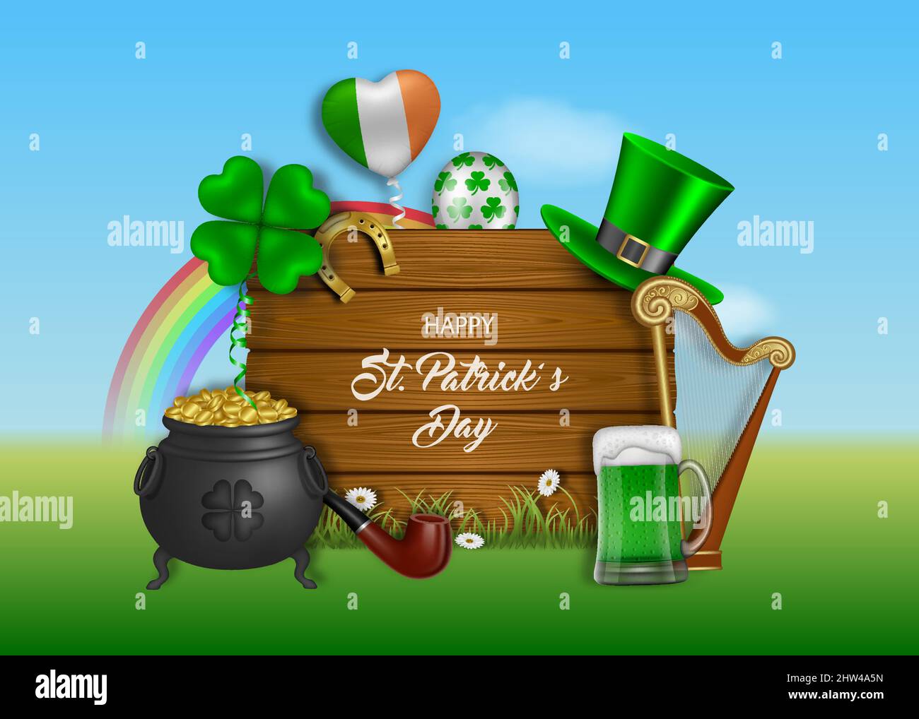 Bandiera del giorno di San patrizio con elementi irlandesi, palloncini e tavole di legno Illustrazione Vettoriale