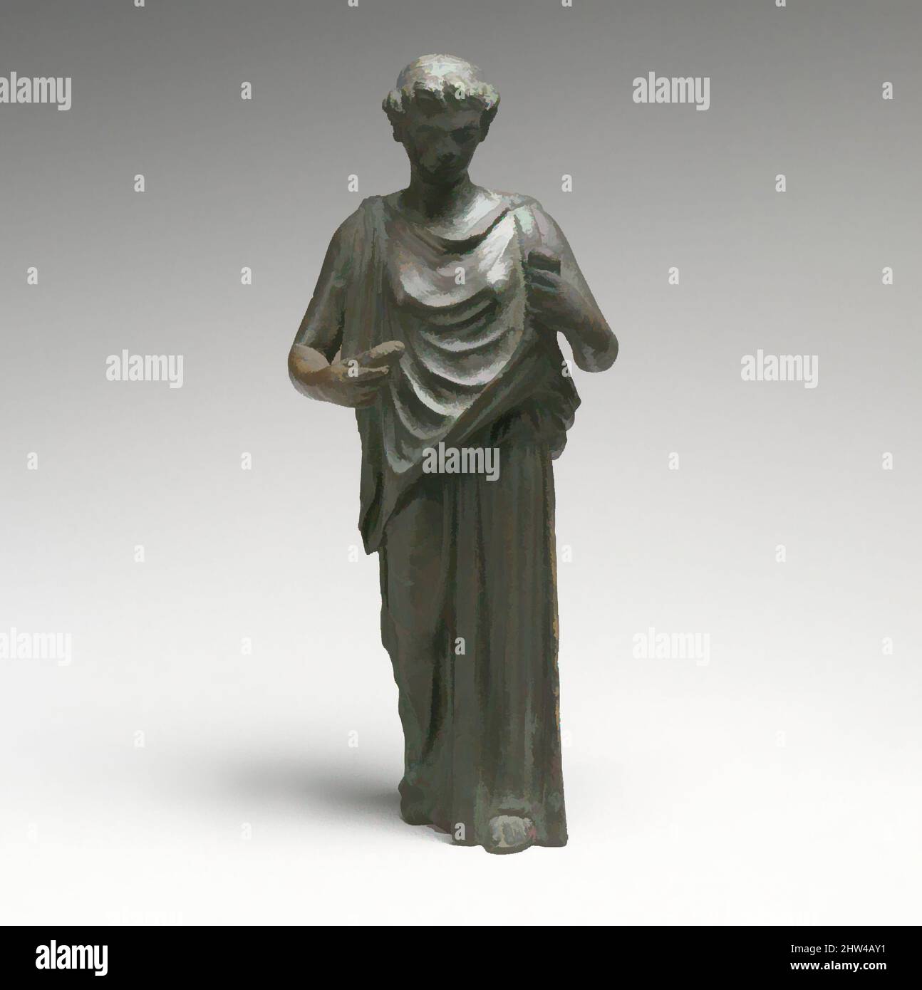 Arte ispirata da statuette di bronzo di una donna, forse un Hesperid, Medio-Imperiale, 2nd secolo d.C., romana, Bronzo, H. 7 5/8 poll. (19,4 cm), Bronzi, in piedi, con tendaggi in mano sinistra; una copia romana di un originale greco, opere classiche modernizzate da Artotop con un tuffo di modernità. Forme, colore e valore, impatto visivo accattivante sulle emozioni artistiche attraverso la libertà delle opere d'arte in modo contemporaneo. Un messaggio senza tempo che persegue una nuova direzione selvaggiamente creativa. Artisti che si rivolgono al supporto digitale e creano l'NFT Artotop Foto Stock