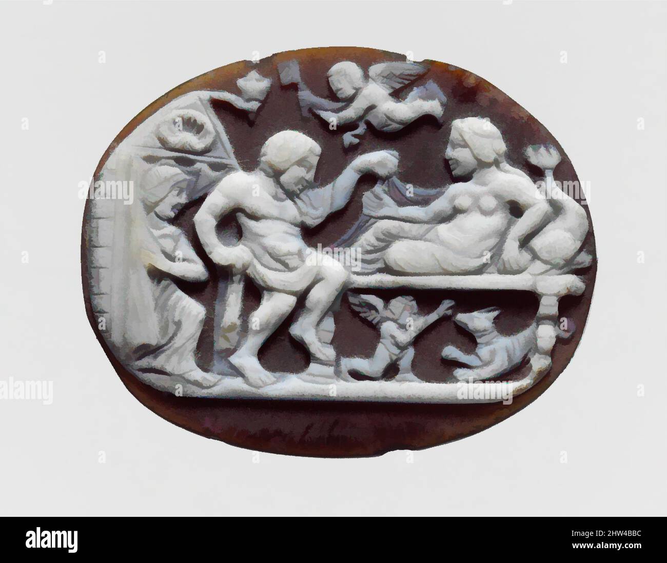 Arte ispirata al cameo sardo con un uomo e una donna su un divano, tardo ellenistico o antico imperiale, 1st secolo a.C.–1st secolo d.C., greco o romano, Sardonice, lunghezza: 1 7/16 pollici (3,6 cm), Gemme, la testa a forma di delfino del divano e la conchiglia simboleggiano Afrodite, nata dal mare, opere classiche modernizzate da Artotop con un tuffo di modernità. Forme, colore e valore, impatto visivo accattivante sulle emozioni artistiche attraverso la libertà delle opere d'arte in modo contemporaneo. Un messaggio senza tempo che persegue una nuova direzione selvaggiamente creativa. Artisti che si rivolgono al supporto digitale e creano l'NFT Artotop Foto Stock