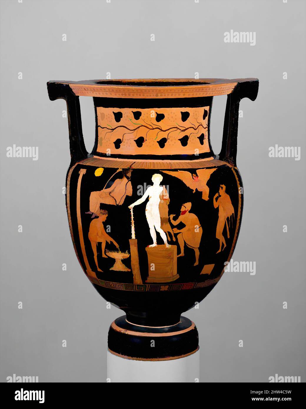 Arte ispirata al krater-colonna di terracotta (ciotola per mescolare vino e acqua), tardo classico, ca. 360–350 a.C., greco, italiano del sud, pugliese, terracotta; Figura rossa, H. 20 1/4 poll. (51,5 cm), vasi, obverso, artista che dipinge una statua di Herakles, Reverse, Athena con divinità, opere classiche modernizzate da Artotop con un tuffo di modernità. Forme, colore e valore, impatto visivo accattivante sulle emozioni artistiche attraverso la libertà delle opere d'arte in modo contemporaneo. Un messaggio senza tempo che persegue una nuova direzione selvaggiamente creativa. Artisti che si rivolgono al supporto digitale e creano l'NFT Artotop Foto Stock