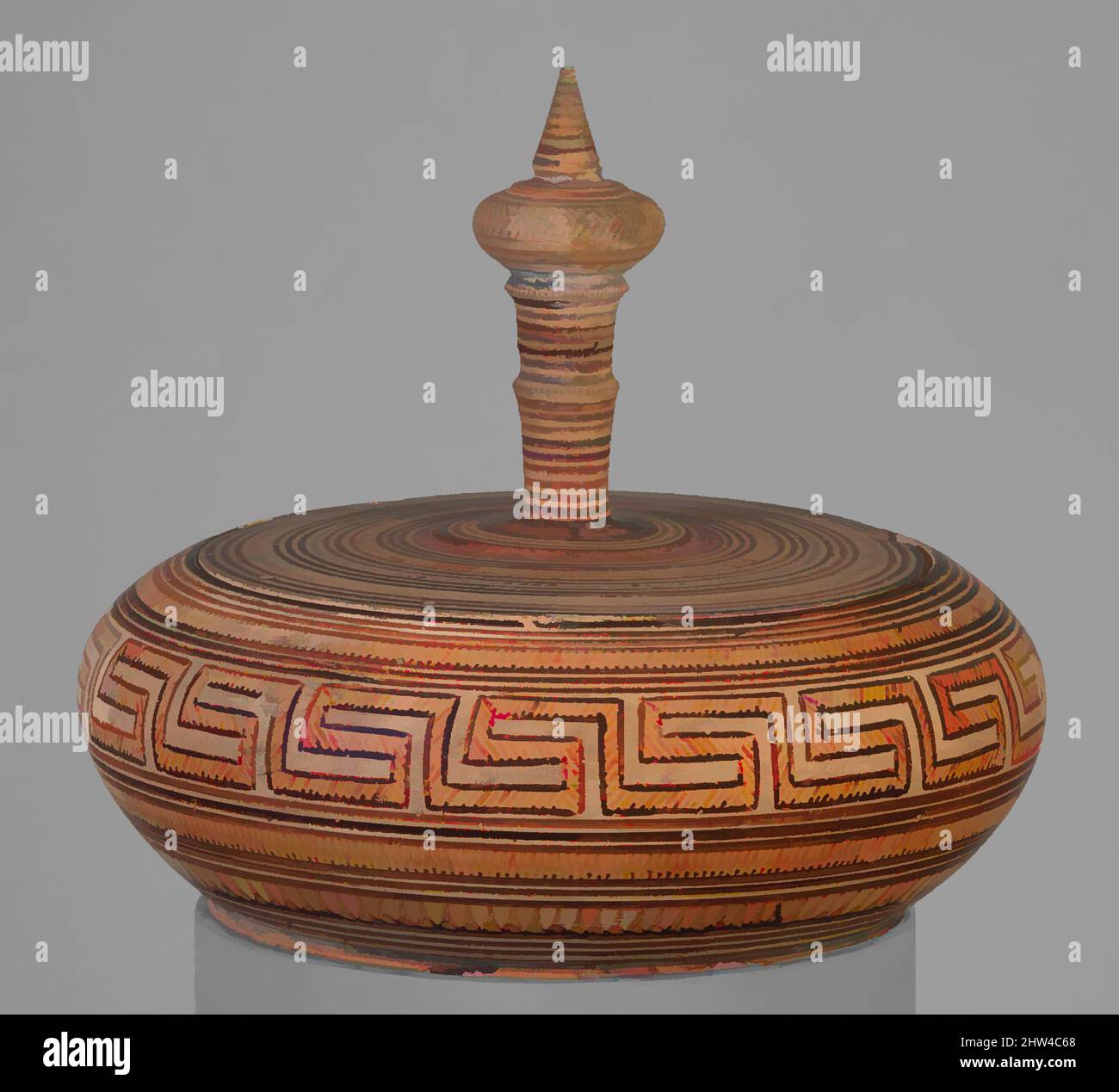 Arte ispirata a Terracotta pyxis (scatola con coperchio), geometrica, metà del 8th secolo a.C., greca, Attica, Terracotta, totale: 4 1/8 x 11 1/4 pollici (10,5 x 28,5 cm), vasi, mentre i pyxides si trovano spesso in sepolture, possono anche essere serviti come contenitore per piccoli oggetti durante il proprietario, opere classiche modernizzate da Artotop con un tuffo di modernità. Forme, colore e valore, impatto visivo accattivante sulle emozioni artistiche attraverso la libertà delle opere d'arte in modo contemporaneo. Un messaggio senza tempo che persegue una nuova direzione selvaggiamente creativa. Artisti che si rivolgono al supporto digitale e creano l'NFT Artotop Foto Stock Arte ispirata a Terracotta pyxis (scatola con coperchio), geometrica, metà del 8th secolo a.C., greca, Attica, Terracotta, totale: 4 1/8 x 11 1/4 pollici (10,5 x 28,5 cm), vasi, mentre i pyxides si trovano spesso in sepolture, possono anche essere serviti come contenitore per piccoli oggetti durante il proprietario, opere classiche modernizzate da Artotop con un tuffo di modernità. Forme, colore e valore, impatto visivo accattivante sulle emozioni artistiche attraverso la libertà delle opere d'arte in modo contemporaneo. Un messaggio senza tempo che persegue una nuova direzione selvaggiamente creativa. Artisti che si rivolgono al supporto digitale e creano l'NFT Artotop Foto Stock