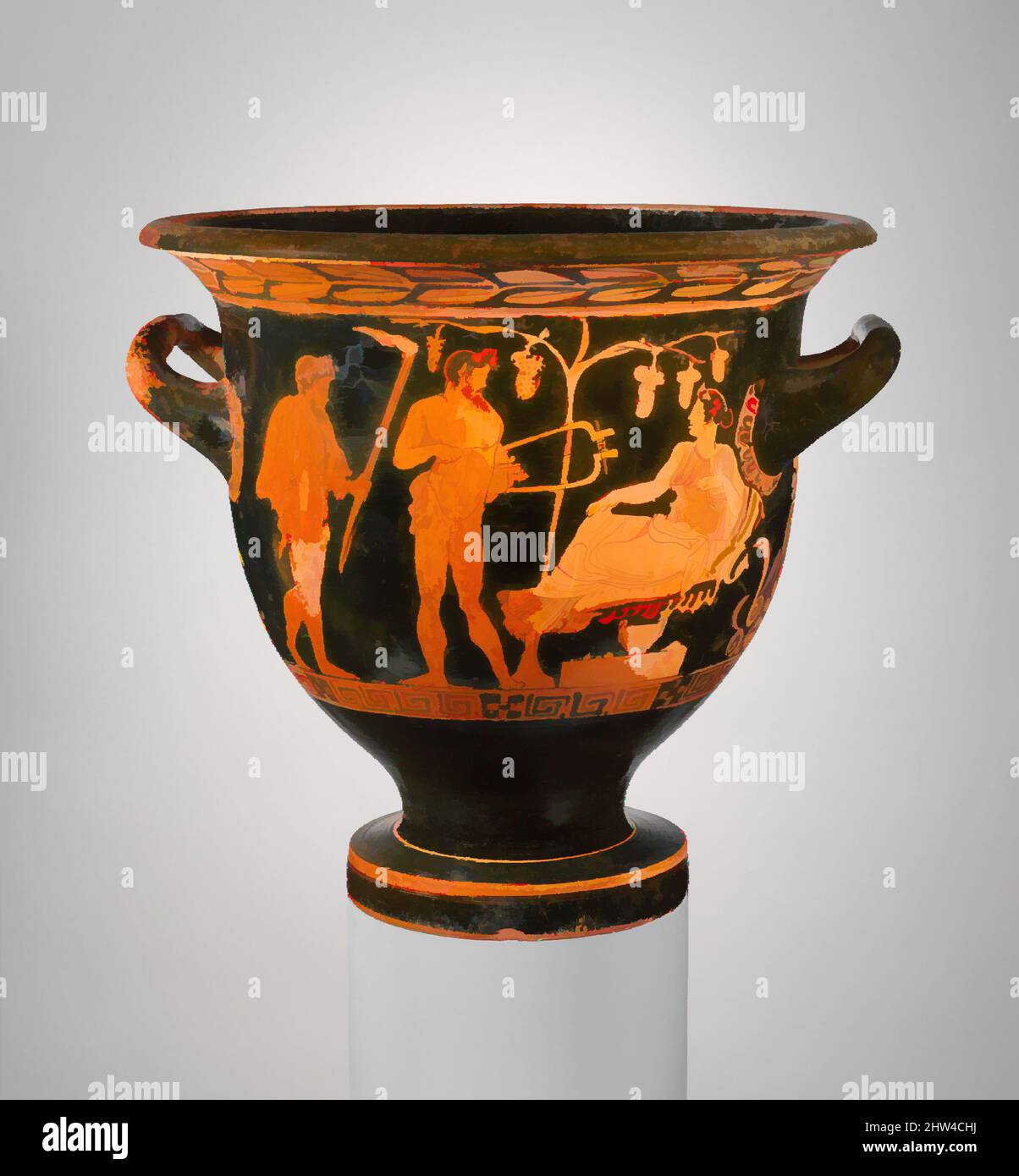 Arte ispirata dal campanile-krater di Terracotta (ciotola per mescolare vino e acqua), classica, fine 5th secolo a.C.–inizio 4th secolo a.C., greca, Attica, Terracotta; figura rossa, Altezza: 13 3/4in. (34,9cm), Diam.: 14 3/8 poll. (36,5 cm), vasi, Oversal, Ariadne e due satiri, Reverse, tre giovani, opere classiche modernizzate da Artotop con un tuffo di modernità. Forme, colore e valore, impatto visivo accattivante sulle emozioni artistiche attraverso la libertà delle opere d'arte in modo contemporaneo. Un messaggio senza tempo che persegue una nuova direzione selvaggiamente creativa. Artisti che si rivolgono al supporto digitale e creano l'NFT Artotop Foto Stock