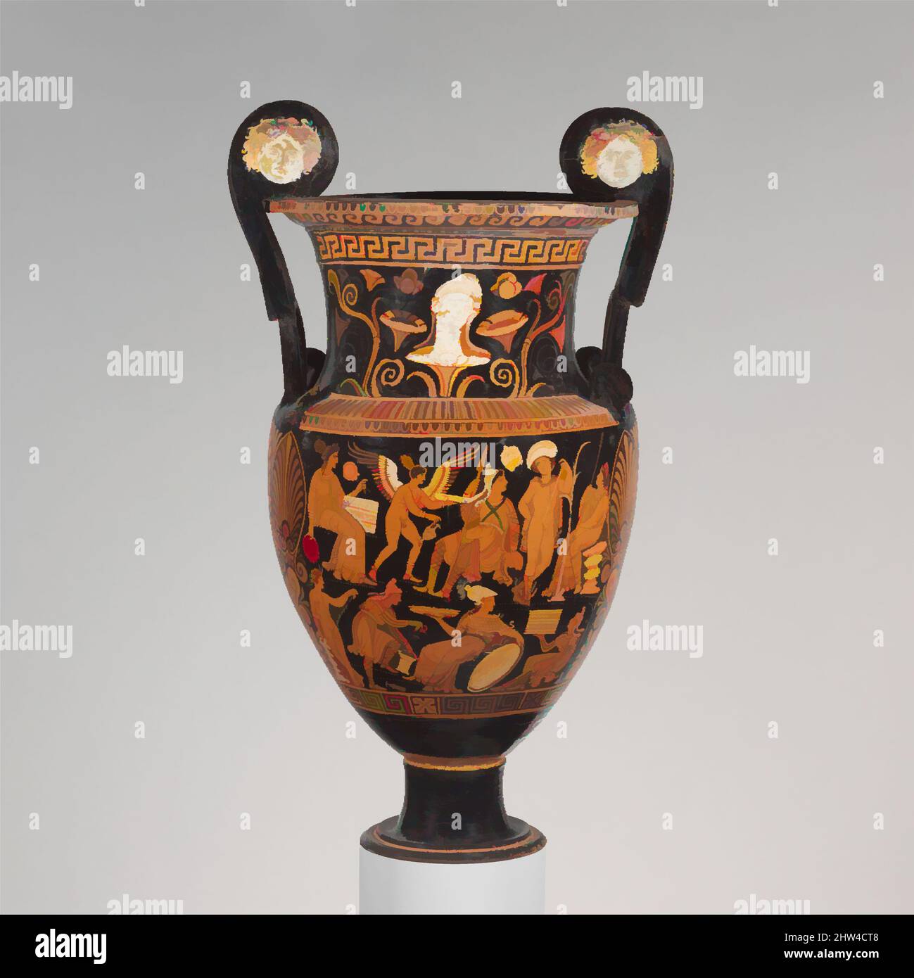 Arte ispirata a volute-krater di terracotta, tardo classica, ca. 330–310 a.C., greco, italiano del sud, pugliese, terracotta; Figura rossa, H. con maniglie da 30 5/16 poll. (77 cm); H. al cerchione da 26 3/4" (68 cm), vasi, obverso: Il Giudizio di Parigi. Il principe troiano è seduto in, opere classiche modernizzate da Artotop con un tuffo di modernità. Forme, colore e valore, impatto visivo accattivante sulle emozioni artistiche attraverso la libertà delle opere d'arte in modo contemporaneo. Un messaggio senza tempo che persegue una nuova direzione selvaggiamente creativa. Artisti che si rivolgono al supporto digitale e creano l'NFT Artotop Foto Stock