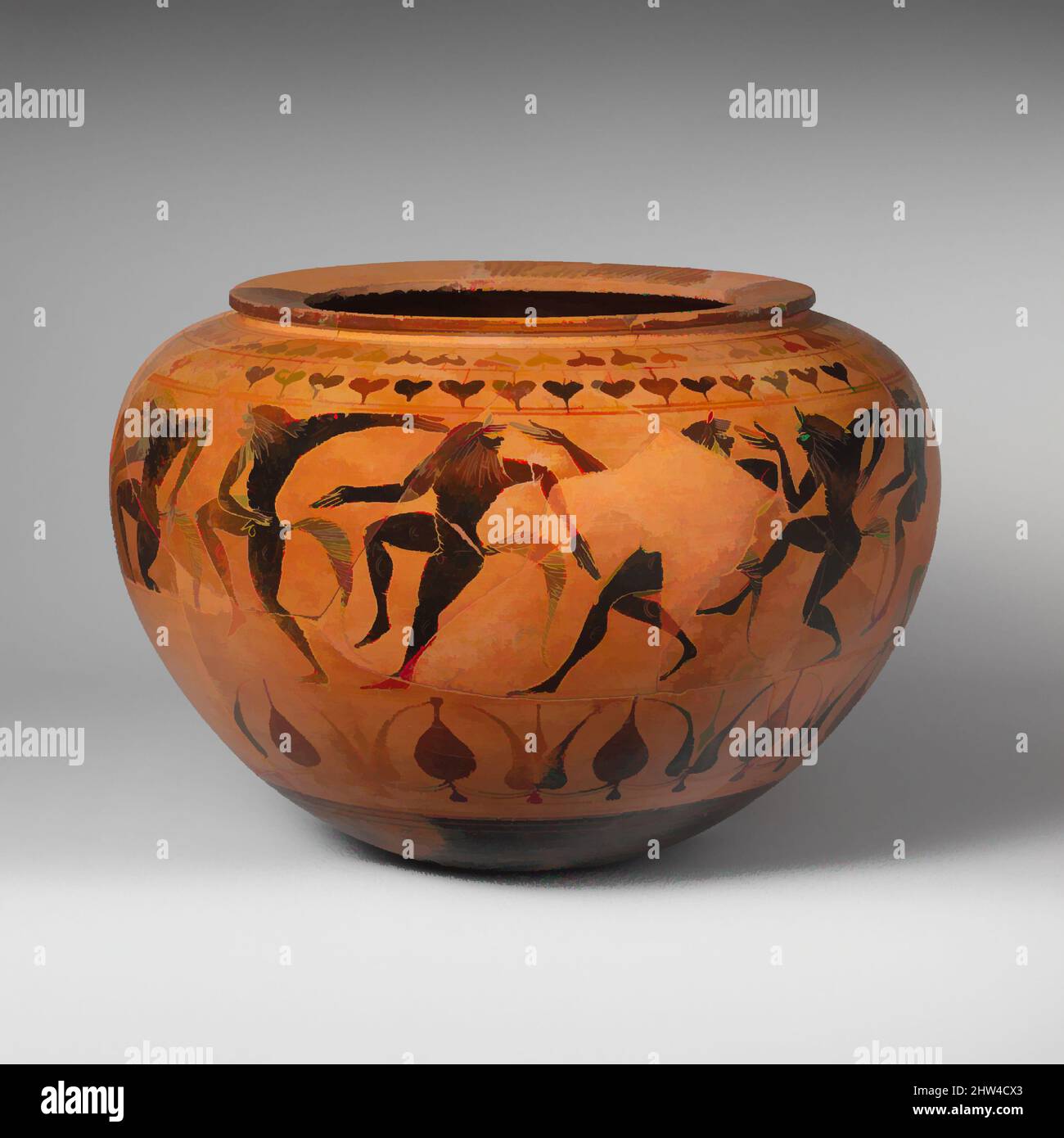 Arte ispirata a dinos di terracotta (profonda ciotola a fondo tondo), arcaico, fine 6th secolo a.C., etrusco, terracotta; figura nera, H. 8 5/16 pollici. (21,1 cm), vasi, satiri che si ribellano. Campana dinoi raffigura spesso uomini danzanti o satiri, soggetti adatti per recipienti per la miscelazione del vino. Sono opere classiche modernizzate da Artotop con un tuffo di modernità. Forme, colore e valore, impatto visivo accattivante sulle emozioni artistiche attraverso la libertà delle opere d'arte in modo contemporaneo. Un messaggio senza tempo che persegue una nuova direzione selvaggiamente creativa. Artisti che si rivolgono al supporto digitale e creano l'NFT Artotop Foto Stock