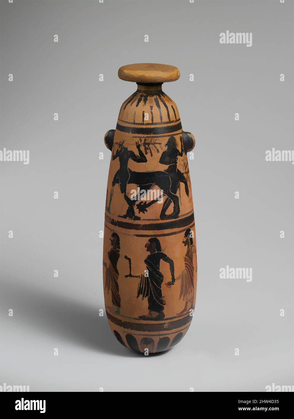 Arte ispirata a Terracotta alabastron (vaso di profumo), Arcaico, 6th secolo a.C., Etrusca, Terracotta; Figura nera, Caeretan, H. 7 1/8 poll. (18,1 cm), vasi, fregio superiore, Herakles e centauri, fregio inferiore, flutista principale processione delle donne. Il fregio superiore, raffigurante Herakles in, opere classiche modernizzate da Artotop con un tuffo di modernità. Forme, colore e valore, impatto visivo accattivante sulle emozioni artistiche attraverso la libertà delle opere d'arte in modo contemporaneo. Un messaggio senza tempo che persegue una nuova direzione selvaggiamente creativa. Artisti che si rivolgono al supporto digitale e creano l'NFT Artotop Foto Stock