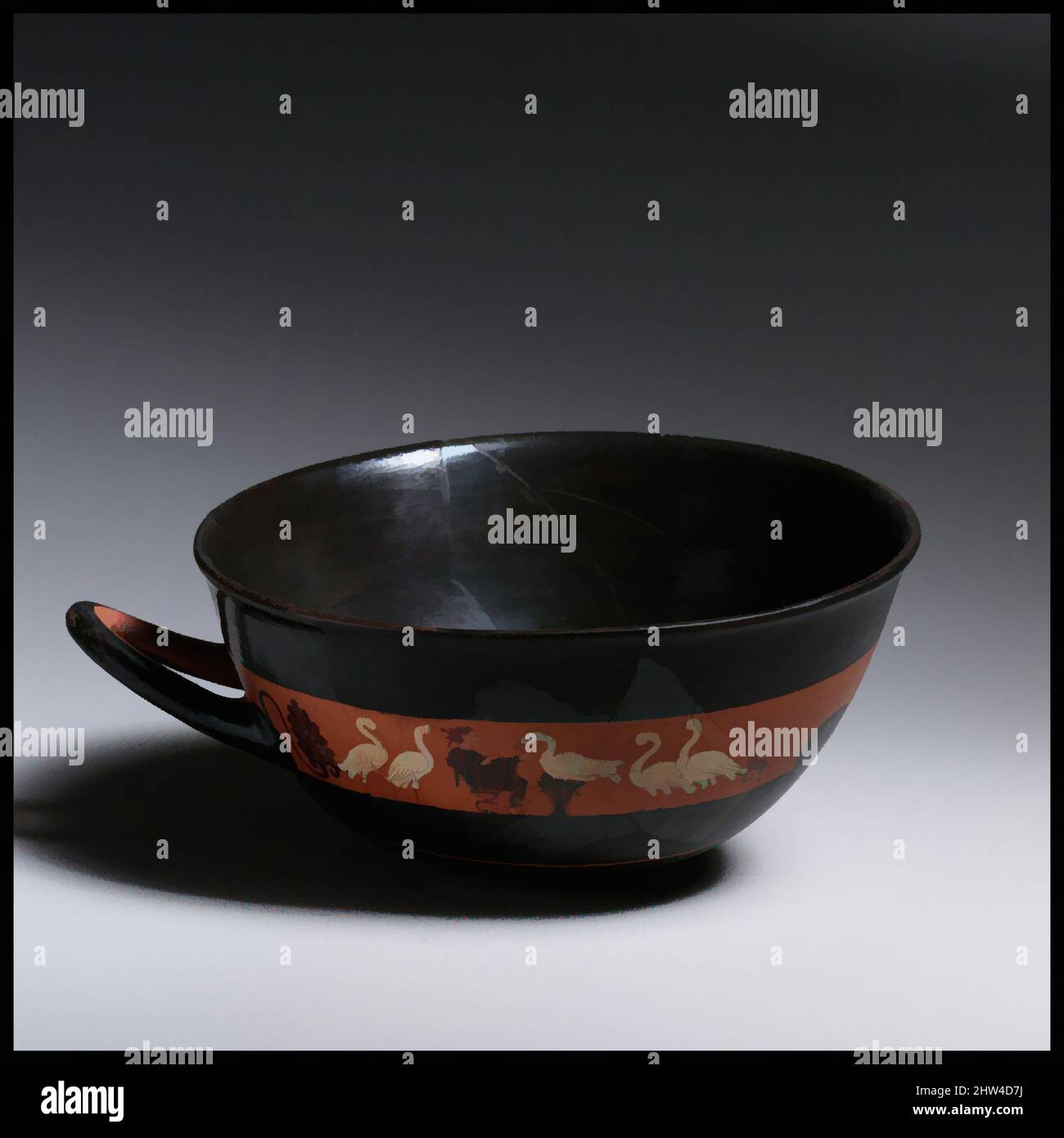 Arte ispirata a Terracotta kylix: Banda-tazza (tazza da bere), Archaic, ca. 540 a.C., greco, attico, terracotta; figura nera, 3 x 7 1/4 x 6 5/16 poll. (7,6 x 18,4 x 16 cm), vasi, ovverse, donna e ovoovaiolo, tra oche, Reverse, cavalieri. La vignetta di una donna tra le oche era, opere classiche modernizzate da Artotop con un tuffo di modernità. Forme, colore e valore, impatto visivo accattivante sulle emozioni artistiche attraverso la libertà delle opere d'arte in modo contemporaneo. Un messaggio senza tempo che persegue una nuova direzione selvaggiamente creativa. Artisti che si rivolgono al supporto digitale e creano l'NFT Artotop Foto Stock