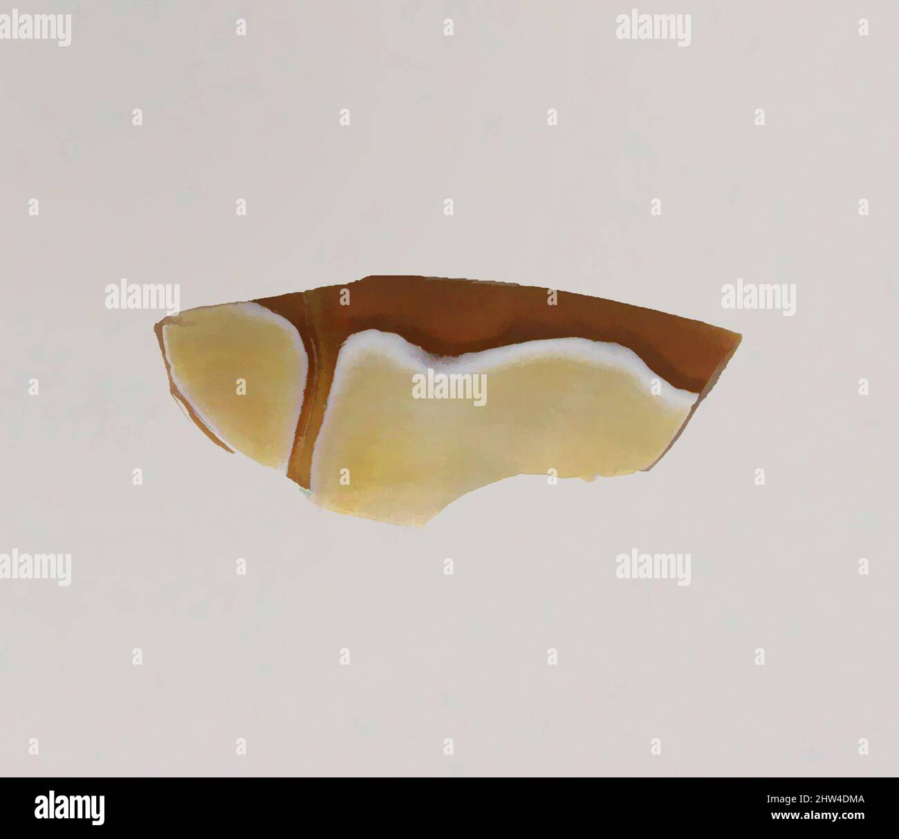 Arte ispirata dal frammento di vaso di mosaico di vetro, imperiale antico, fine 1st secolo a.C.–inizio 1st secolo d.C., romano, vetro; getto, altro: 15/16 x 2 1/4 pollici. (2,4 x 5,7 cm), vetro, frammento di Rim., giallo miele traslucido e bianco opaco., bordo arrotondato; collo scollato; lato rastremato verso il basso, opere classiche modernizzate da Artotop con un tuffo di modernità. Forme, colore e valore, impatto visivo accattivante sulle emozioni artistiche attraverso la libertà delle opere d'arte in modo contemporaneo. Un messaggio senza tempo che persegue una nuova direzione selvaggiamente creativa. Artisti che si rivolgono al supporto digitale e creano l'NFT Artotop Foto Stock