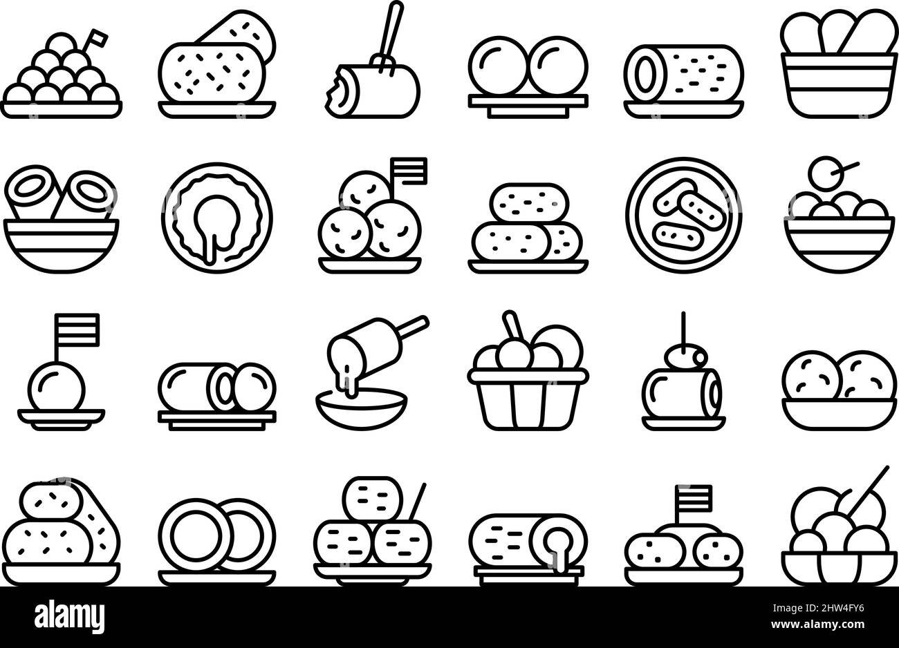 Le icone delle crocchette impostano il vettore di contorno. Palla al forno. Cibo di patate Illustrazione Vettoriale