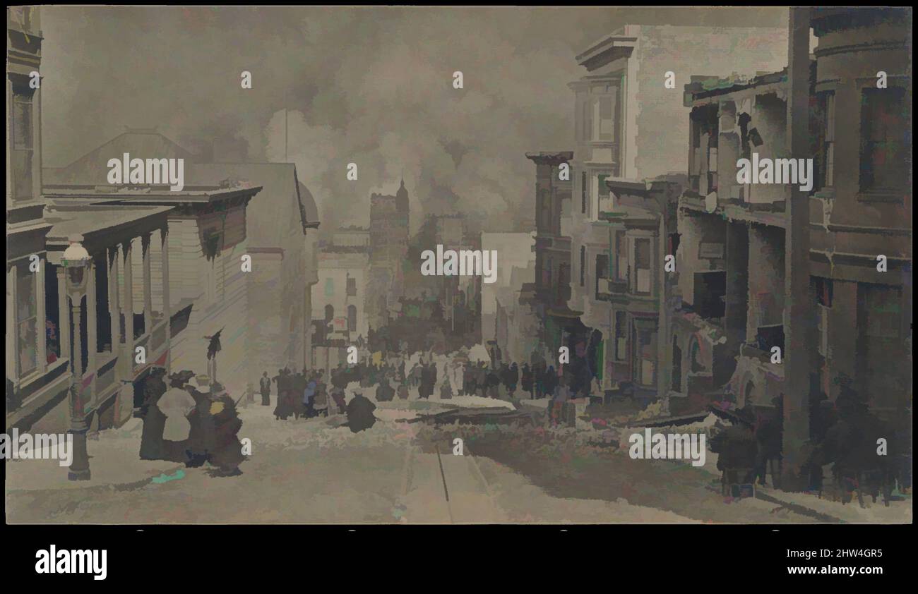 Arte ispirata da dopo il terremoto, San Francisco, 1906, gelatina stampa argento, 13,3 x 23,5 cm (5 1/4 x 9 1/4 in.), fotografie, Arnold Genth (americano (nato in Germania), Berlino 1869–1942 New Milford, Connecticut), al mattino presto il 18 aprile 1906, un grave terremoto ha oscillato San, Opere classiche modernizzate da Artotop con un tocco di modernità. Forme, colore e valore, impatto visivo accattivante sulle emozioni artistiche attraverso la libertà delle opere d'arte in modo contemporaneo. Un messaggio senza tempo che persegue una nuova direzione selvaggiamente creativa. Artisti che si rivolgono al supporto digitale e creano l'NFT Artotop Foto Stock