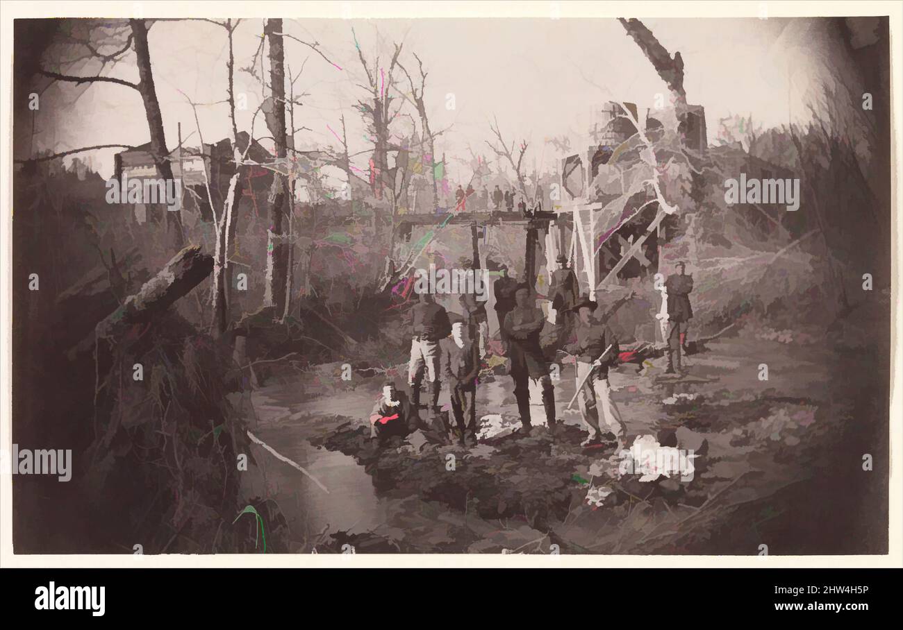 Arte ispirata da Orange e Alexandria Railroad Bridge, vicino a Union Mills, Virginia, ca. 1863, stampa in argento albume da vetro negativo, immagine: 12,3 x 20,1 cm (4 13/16 x 7 15/16 in.), fotografie, Andrew Joseph Russell (americano, 1830–1902), A. J. Russell, capitano della New York del 141st, opere classiche modernizzate da Artotop con un tuffo di modernità. Forme, colore e valore, impatto visivo accattivante sulle emozioni artistiche attraverso la libertà delle opere d'arte in modo contemporaneo. Un messaggio senza tempo che persegue una nuova direzione selvaggiamente creativa. Artisti che si rivolgono al supporto digitale e creano l'NFT Artotop Foto Stock