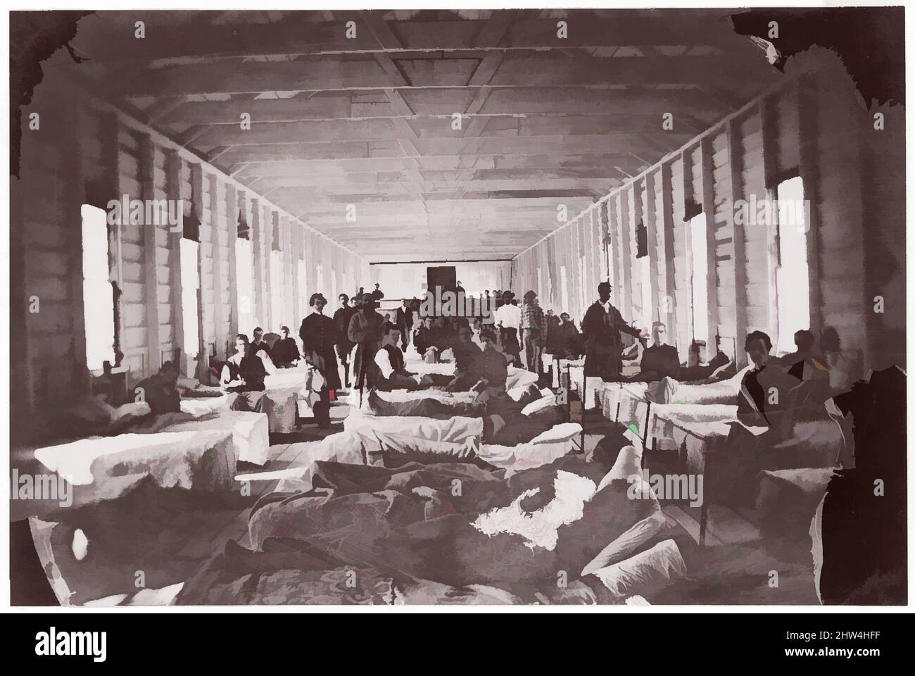 Arte ispirata da Ward in Hospital. Convalescent Camp, Alexandria Virginia, 1861–65, stampa in argento albume da vetro negativo, fotografie, opere classiche modernizzate da Artotop con un tuffo di modernità. Forme, colore e valore, impatto visivo accattivante sulle emozioni artistiche attraverso la libertà delle opere d'arte in modo contemporaneo. Un messaggio senza tempo che persegue una nuova direzione selvaggiamente creativa. Artisti che si rivolgono al supporto digitale e creano l'NFT Artotop Foto Stock