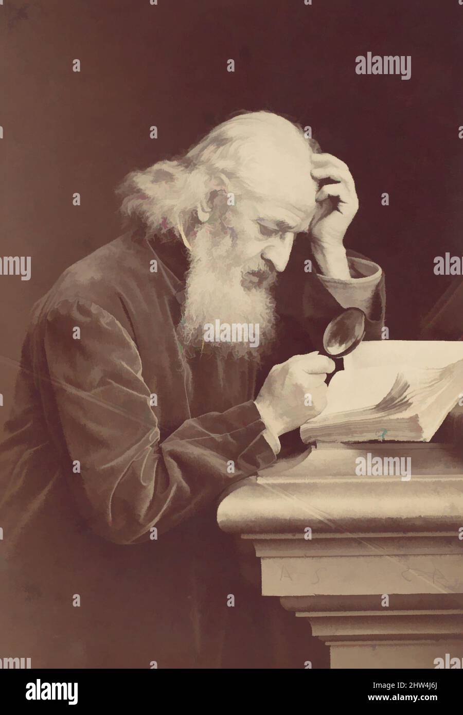 Arte ispirata da Bearded Man with Magnifying Glass esaminare un manoscritto, 1870s, stampa in argento albume da vetro negativo, fotografie, Antoine-Samuel Adam-Salomon (francese, la Ferté-sous-Jouarre 1811–1881 Parigi, opere classiche modernizzate da Artotop con un tuffo di modernità. Forme, colore e valore, impatto visivo accattivante sulle emozioni artistiche attraverso la libertà delle opere d'arte in modo contemporaneo. Un messaggio senza tempo che persegue una nuova direzione selvaggiamente creativa. Artisti che si rivolgono al supporto digitale e creano l'NFT Artotop Foto Stock