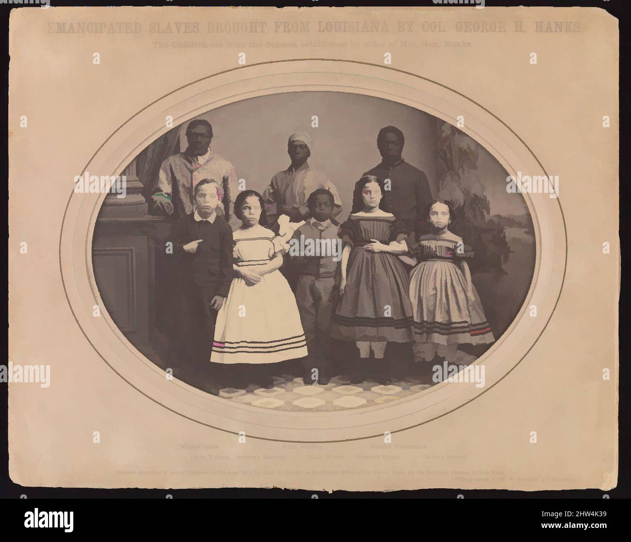 Arte ispirata da schiavi emancipati portati dalla Louisiana dal colonnello George H. Banks, dicembre 1863, stampa in argento albume da vetro negativo, immagine: 13,2 x 18,3cm (5 3/16 x 7 3/16in.), oblungo ovale, fotografie, Myron H. Kimball (americano, attivo 1860s), nel dicembre 1863, Colonel, opere classiche modernizzate da Artotop con un tuffo di modernità. Forme, colore e valore, impatto visivo accattivante sulle emozioni artistiche attraverso la libertà delle opere d'arte in modo contemporaneo. Un messaggio senza tempo che persegue una nuova direzione selvaggiamente creativa. Artisti che si rivolgono al supporto digitale e creano l'NFT Artotop Foto Stock